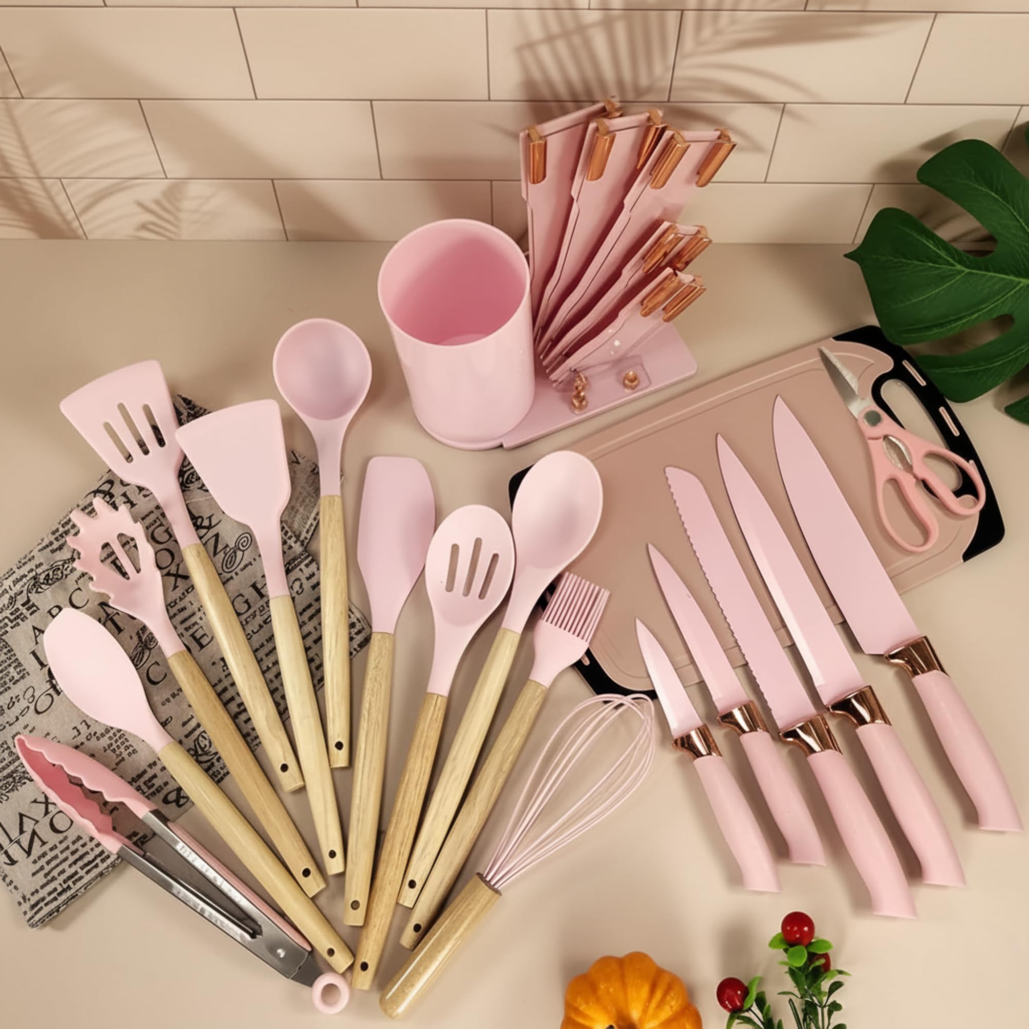 DANFFI 19-Piece Pink Kitchen Utensil Set – Silicone Cooking Tools with Wooden Handles, Non-Stick & Heat Resistant, Includes Knives, Scissors & Cutting Board – BPA-Free Kitchen Accessories