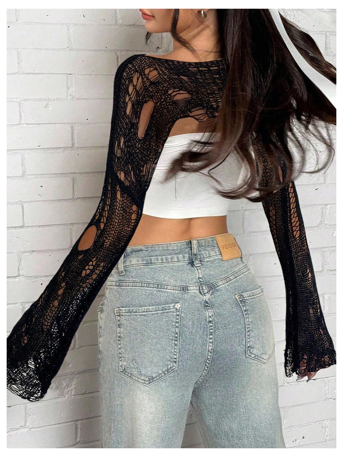 WDIRARA Women's Off Shoulder Crochet Distressed Hollow Out Long Sleeve Bolero Shrug Pullover Crop Top Black Medium