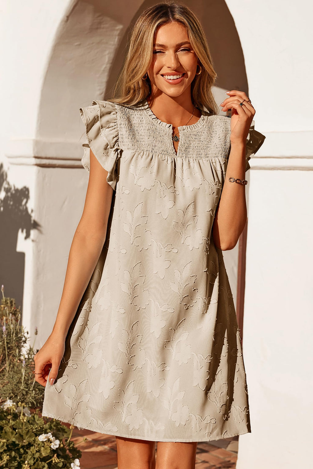 Dokotoo Spring Dresses for Women 2026 Ruffle Cap Short Sleeve V Neck Smocked Summer Casual Loose Floral Burnout Mini Dress Swing A-Line Sun Dress Beach Party Holiday Boho Sundress Apricot Medium