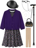 Gnodio Old Lady Costume for Kids 100 Days of School Costume for Girls 100th Day of School Granny Old Lady Dress Up Accessory Purple 5-7X