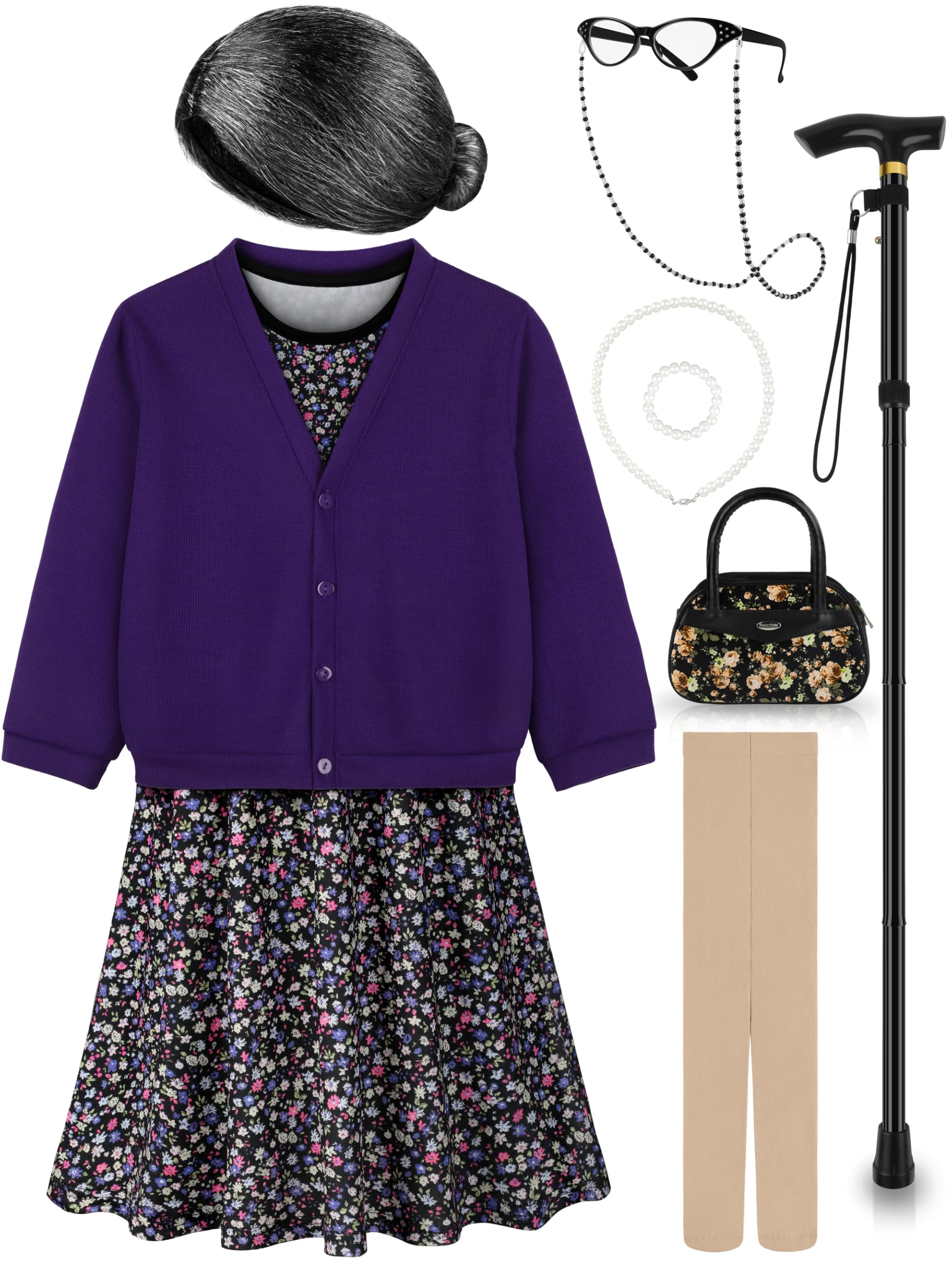 Gnodio Old Lady Costume for Kids 100 Days of School Costume for Girls 100th Day of School Granny Old Lady Dress Up Accessory Purple 5-7X