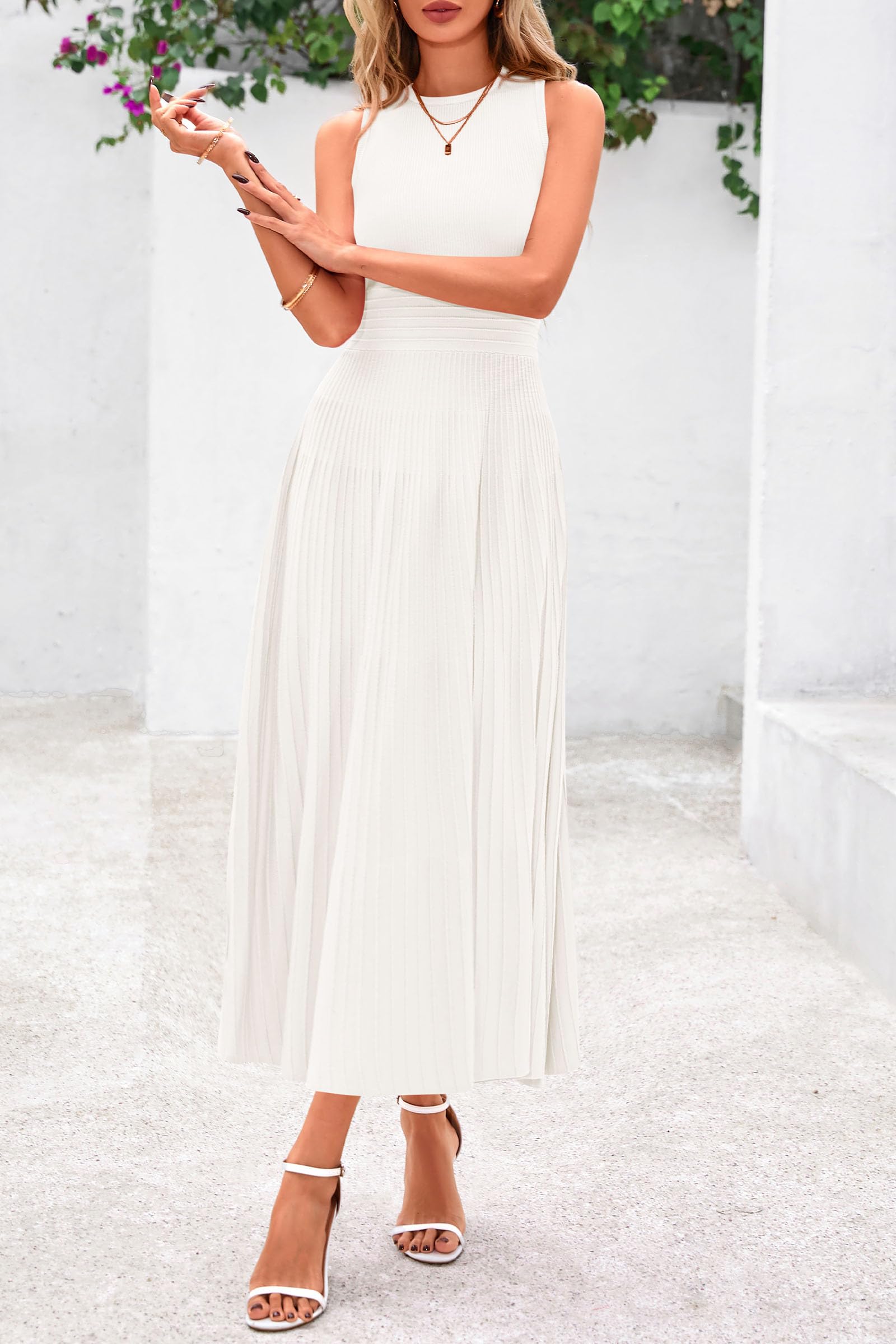 PRETTYGARDEN Spring Casual Dresses for Women 2025 Summer Business Work Midi Sleeveless A Line Pleated Cocktail Dress(White,Medium)