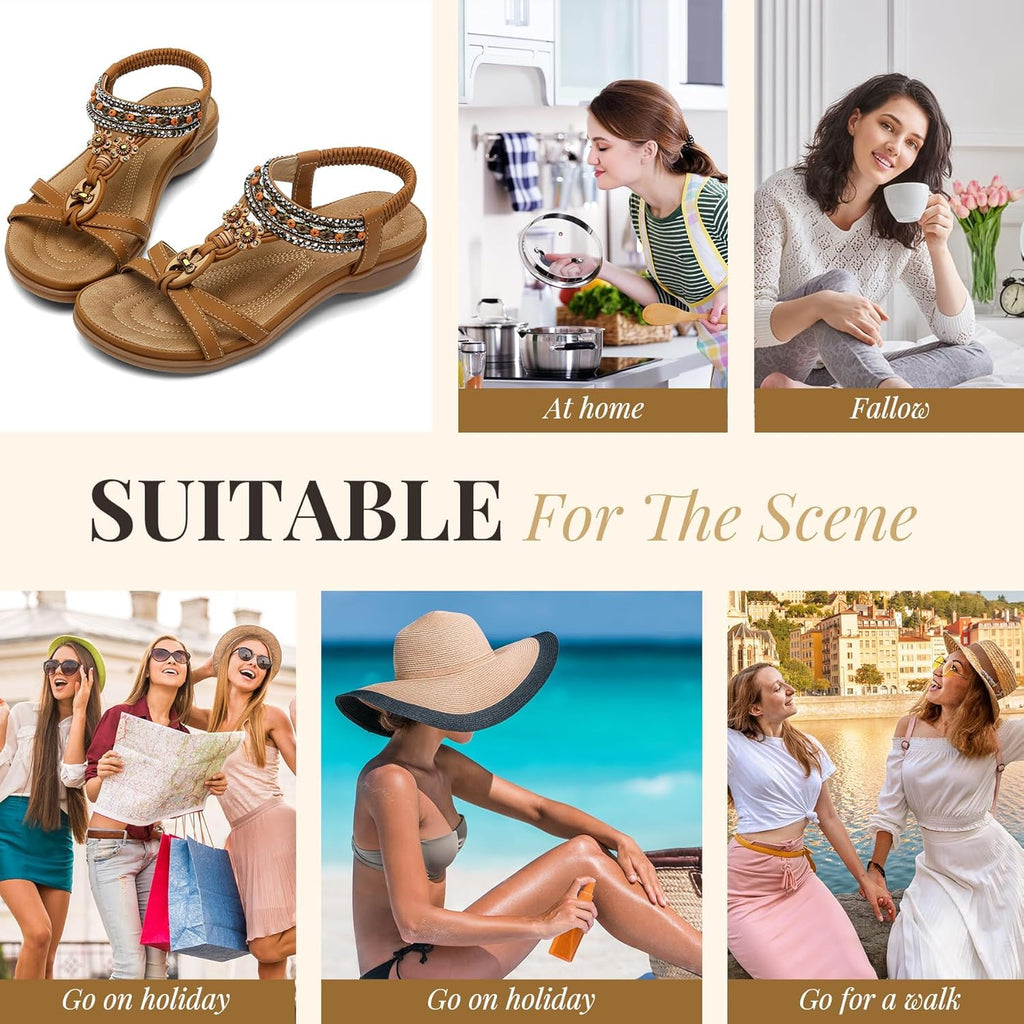 Littleplum Womens Sandals Arch Support Bohemian T-Strap Ankle Elastic Flower Rhinestone Sandals Women's Non Slip Summer Beach Flat Sandals Brown Size 8