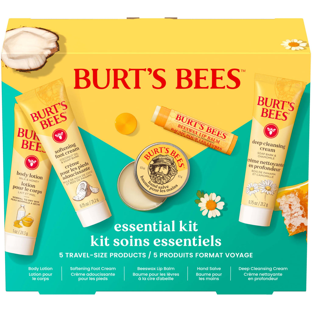 Burt's Bees Valentine's Day Gift Ideas - Essentials Everyday Set, 5 Travel Size Products - Deep Cleansing Cream, Hand Salve, Body Lotion, Foot Cream and Original Lip Balm