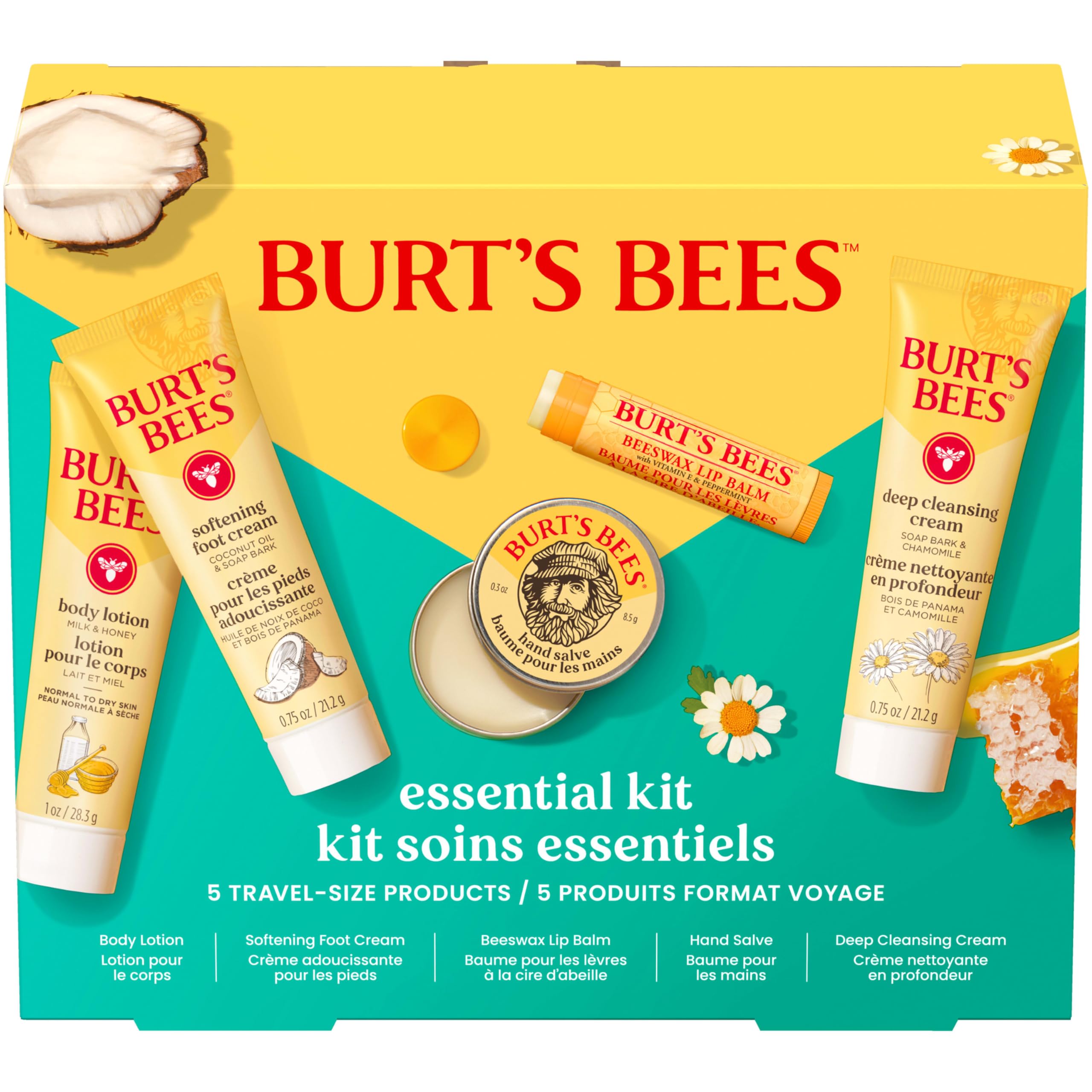 Burt's Bees Valentine's Day Gift Ideas - Essentials Everyday Set, 5 Travel Size Products - Deep Cleansing Cream, Hand Salve, Body Lotion, Foot Cream and Original Lip Balm