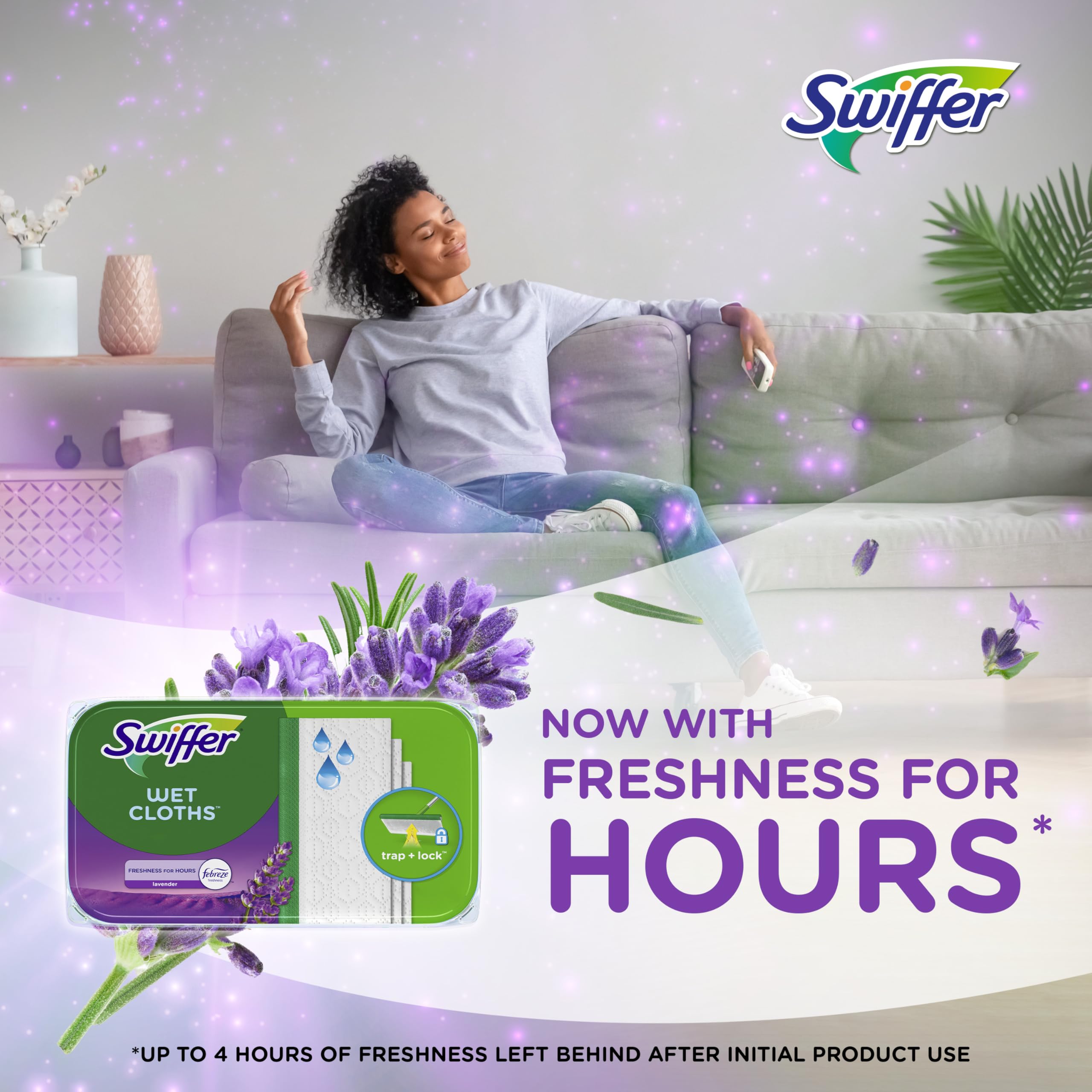 Swiffer Sweep + Mop, Wet Pads Refill, Floor Cleaner for Dirt, Dust, Hair, Cleaning Cloths for Mopping Home, Bathroom, Kitchen, All Purpose Multi-Surface Floor Wipes, Lavender, 12ct