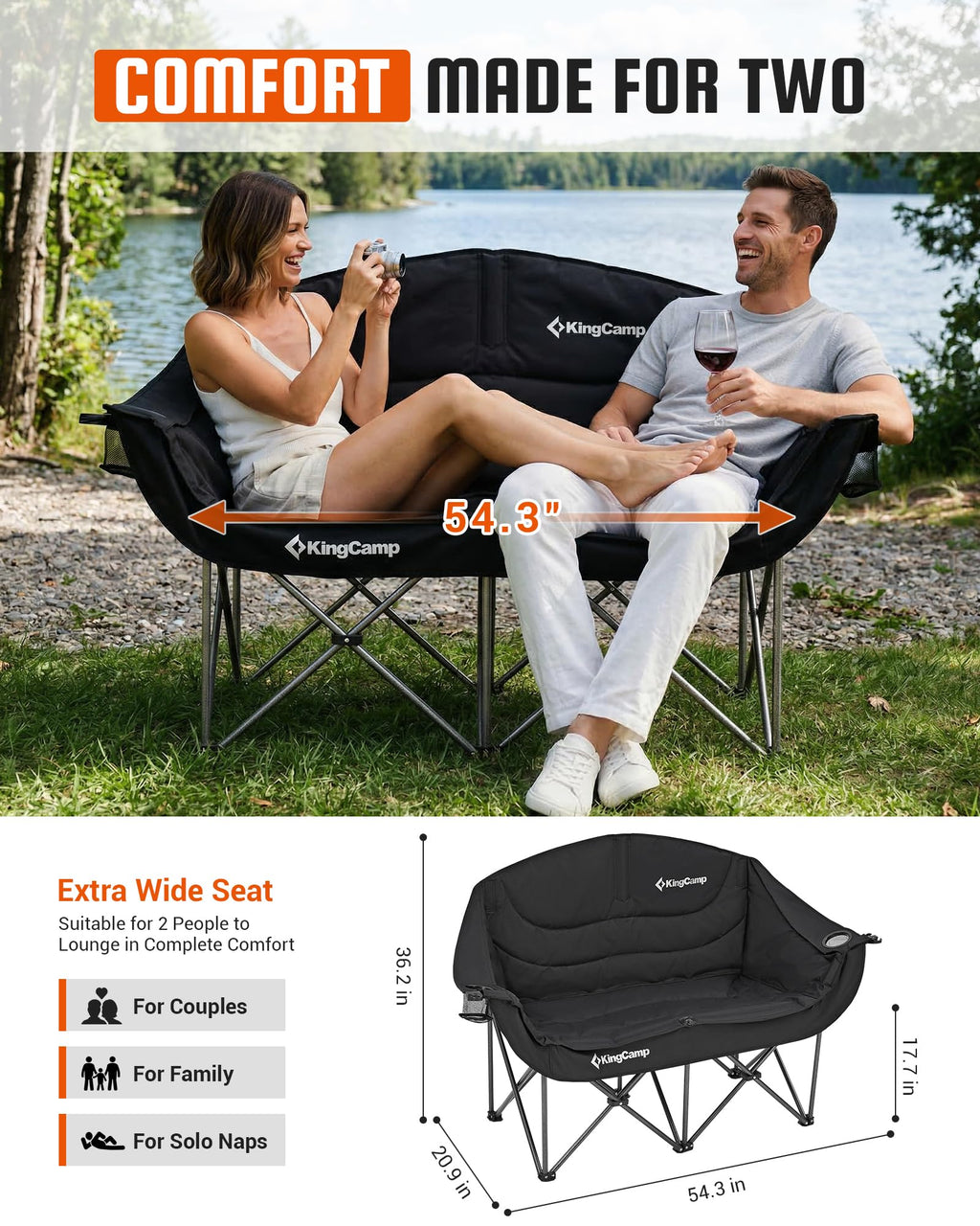 KingCamp Double Camping Chair, Oversized Heavy Duty 660lbs Loveseat for Adults Portable Folding XL 2 Person Couch Padded Comfortable Two Seat with Cup Holder for Outdoor Lawn Backyard, Black