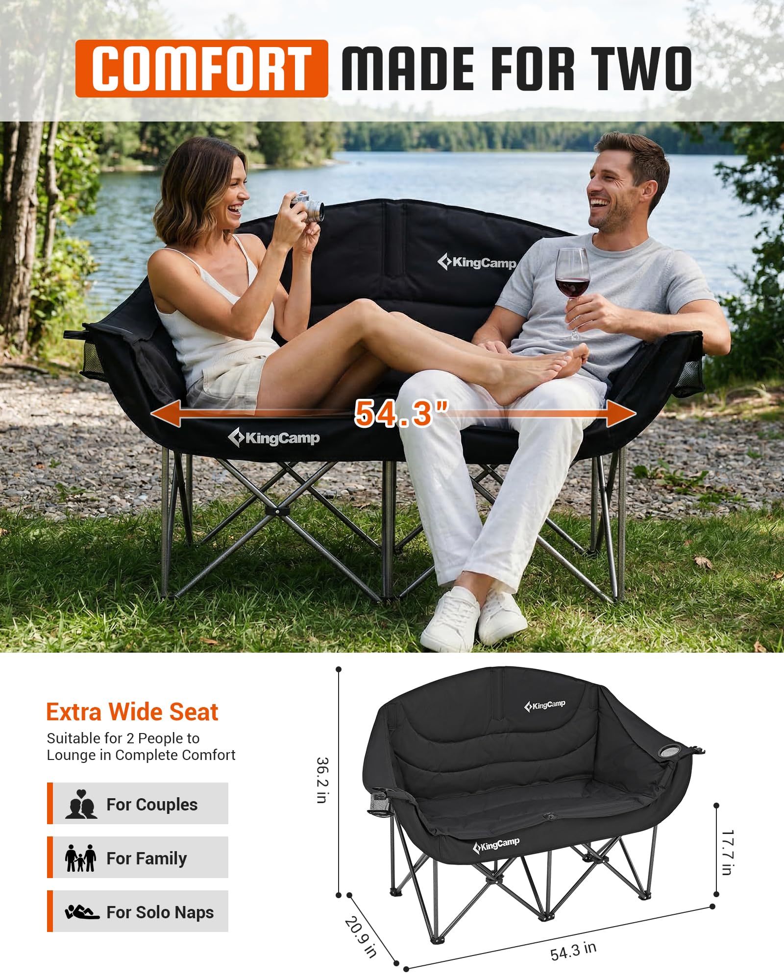 KingCamp Double Camping Chair, Oversized Heavy Duty 660lbs Loveseat for Adults Portable Folding XL 2 Person Couch Padded Comfortable Two Seat with Cup Holder for Outdoor Lawn Backyard, Black