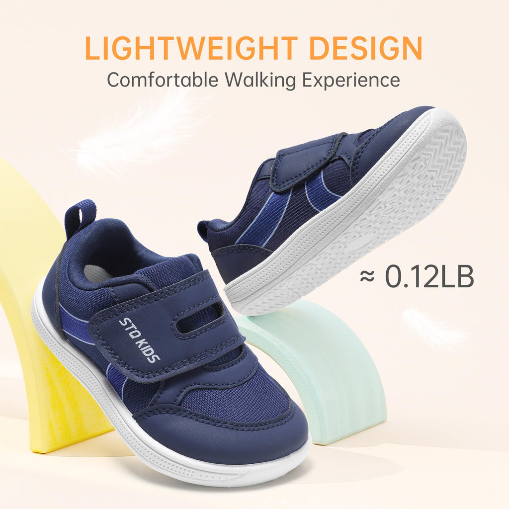 Toddler Wide Toe Box Shoes Boys Barefoot Shoe Boy Sneakers Kids Tennis Shoes Preschool Non Slip Lightweight Comfortable First Walking Running Outdoor Activities Navy White Infant Size 4