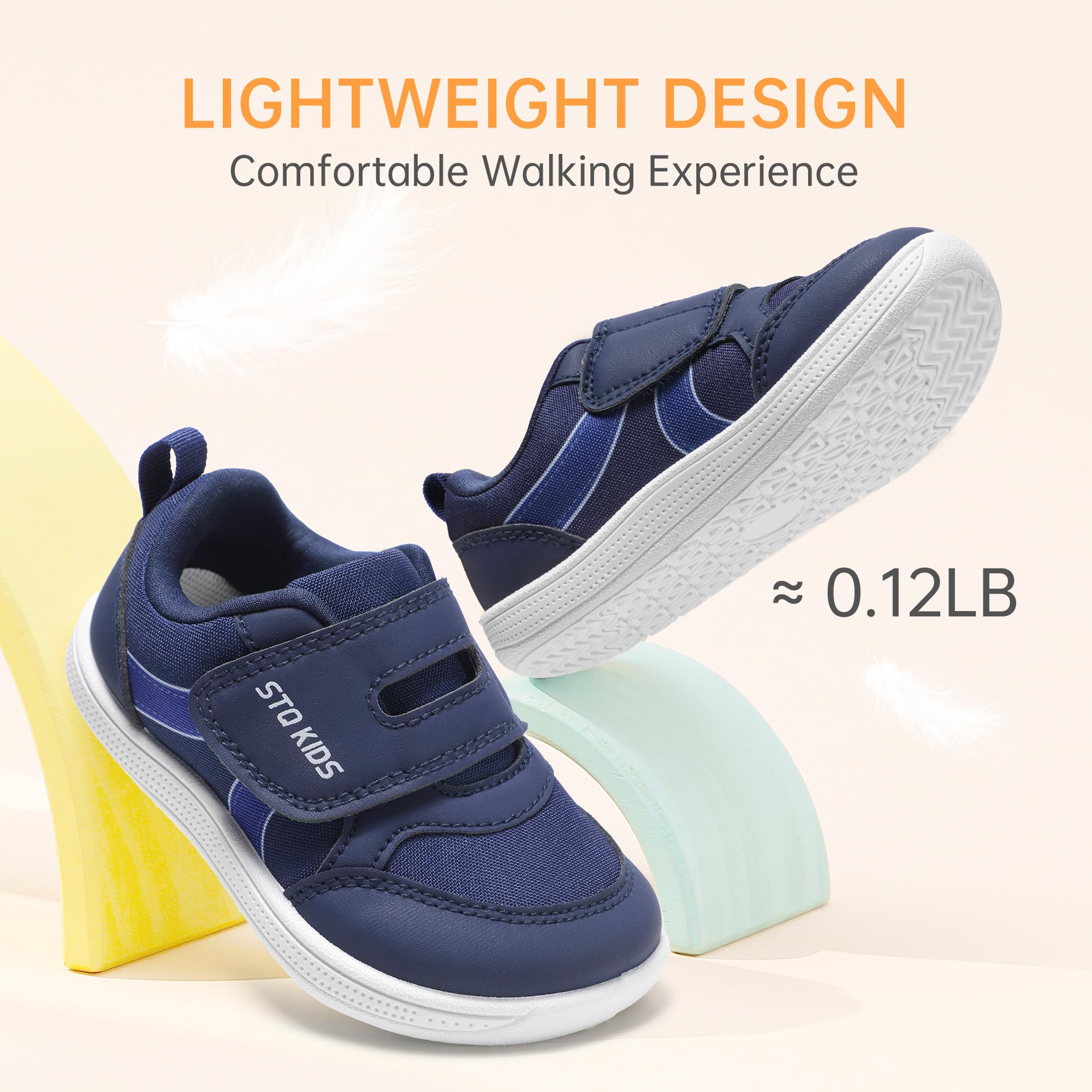 Toddler Wide Toe Box Shoes Boys Barefoot Shoe Boy Sneakers Kids Tennis Shoes Preschool Non Slip Lightweight Comfortable First Walking Running Outdoor Activities Navy White Infant Size 4