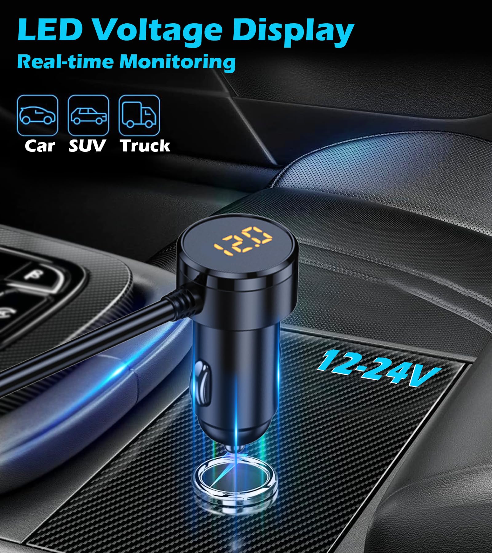 LIHAN 7-1 Cigarette Lighter Splitter,12V/24V Car Charger Adapter with 3 Socket Expander,PD30W Type-C,QC3.0 & Dual USB Ports,Independent Switches,Voltage Display,3.3FT Extension Cord fit Truck RV SUV