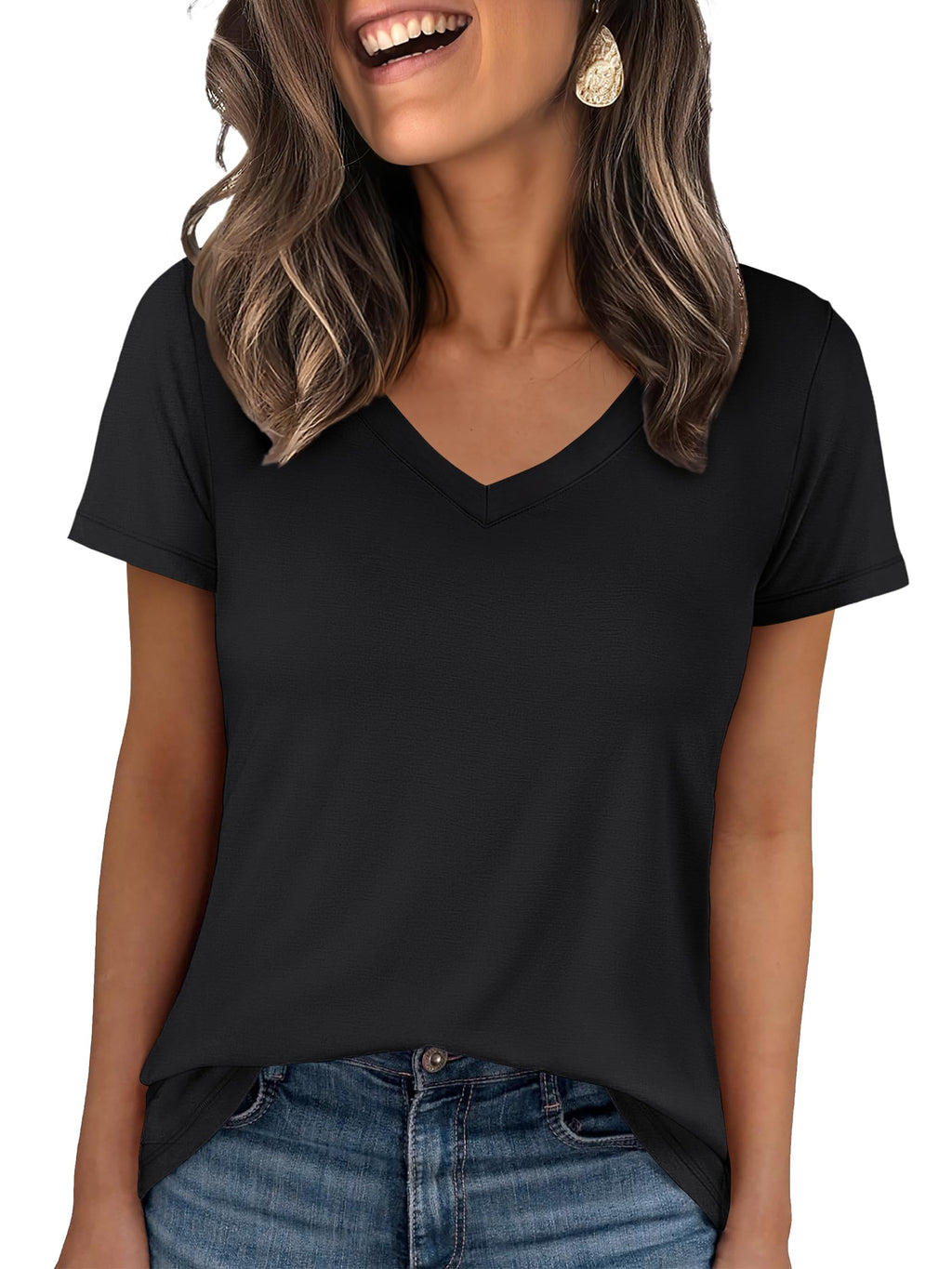 ANRABESS Womens Short Sleeve Tops Casual V Neck Wrinkle - Free Basic T Shirts Summer Cute Tee 2026 Spring Fashion Clothes Black Small