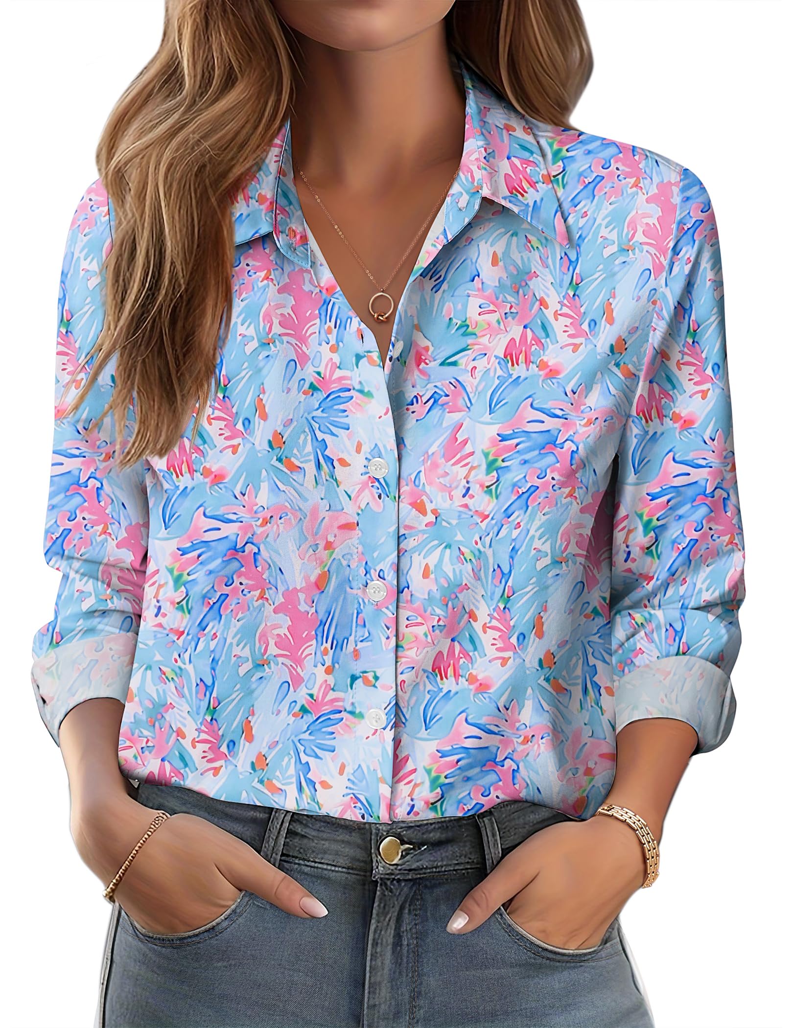 Zeagoo Spring Tops for Women Floral Blouses Long Sleeve Button Down Shirts Casual Fashion Collared Clothes