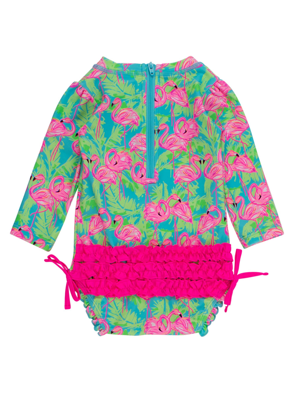 RuffleButts Baby Girls UPF 50+ Sun Protection Tropical Print Long Sleeve One Piece Rash Guard Swimsuit with Zipper - Neon Flamingo Fun, 12-18m