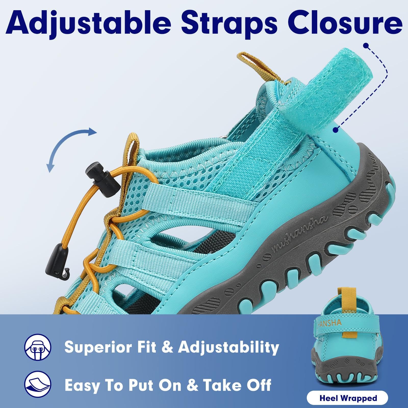 Mishansha Kids Outdoor Sport Sandals Closed Toe Adjustable Boys Girls Hiking Sandals Non-Slip Quick-Dry Water Sandal for Toddler Size 7.5 Cerulean Blue