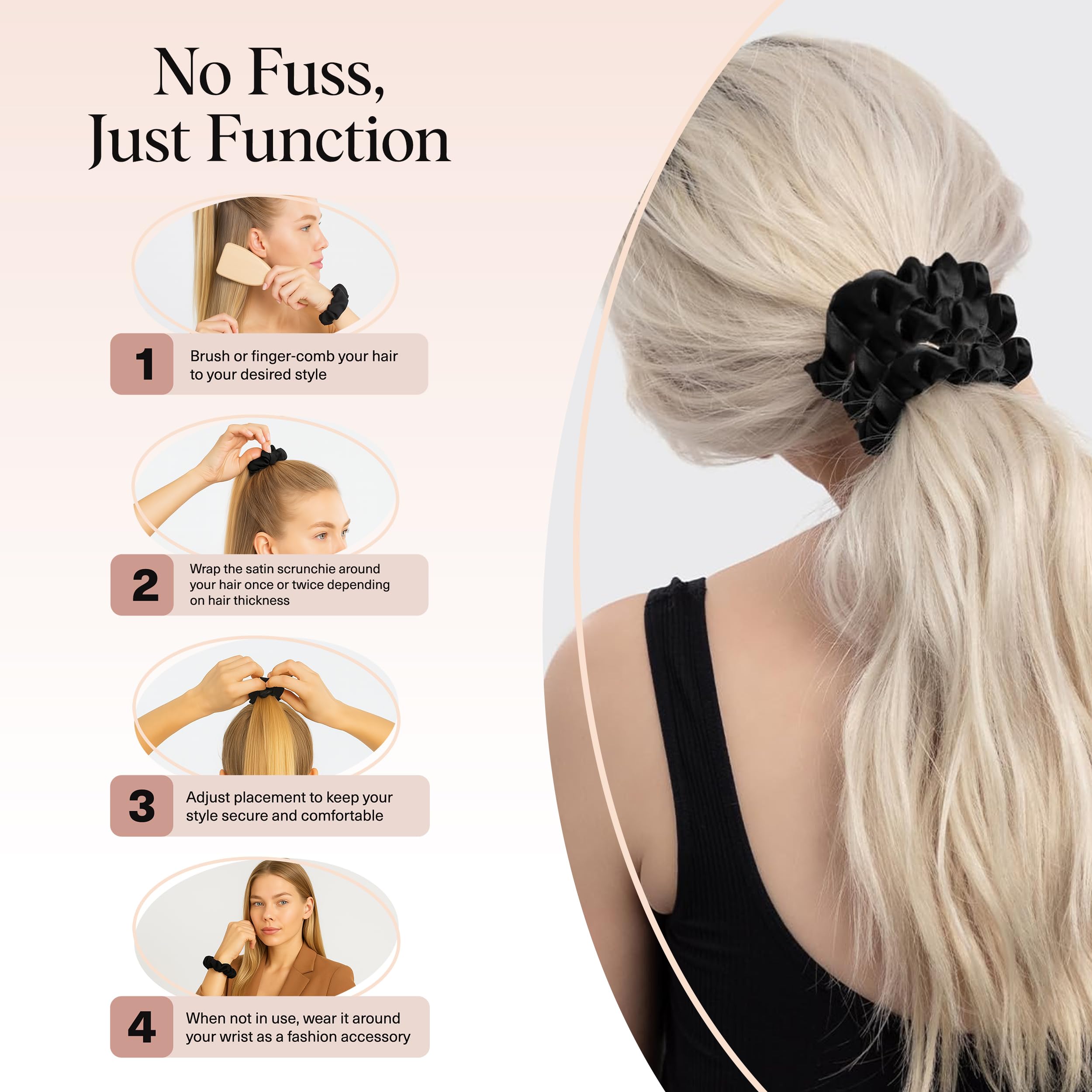 Kitsch Satin Scrunchies for Women – No Crease Hair Ties – Soft Satin Hair Scrunchies for Girls – Frizz Free, Gentle, Stylish Hair Accessories | Ideal Gifts for Women – Black, 5 pcs