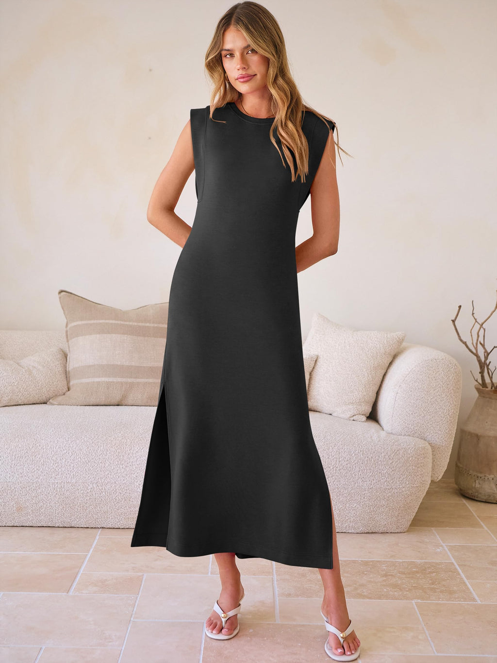 ANRABESS Women Summer Casual Sleeveless Maxi Dress 2026 Crewneck Loose Split Wrinkle-Free Beach Travel Vacation Long Sundress Black Medium