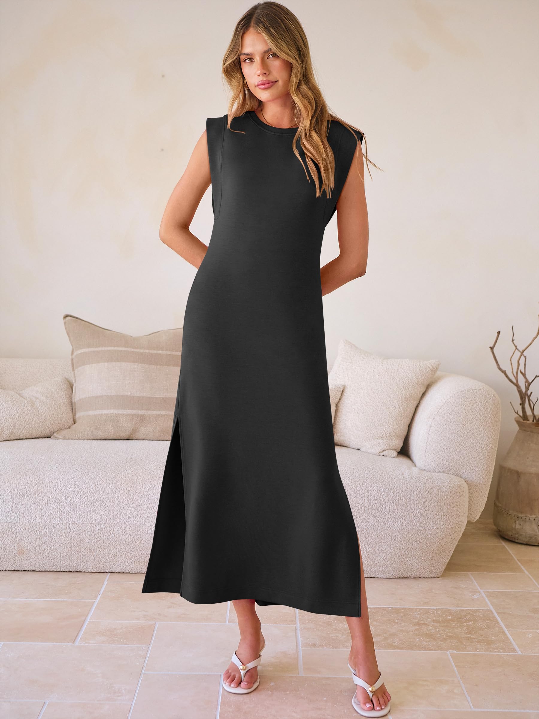 ANRABESS Women Summer Casual Sleeveless Maxi Dress 2026 Crewneck Loose Split Wrinkle-Free Beach Travel Vacation Long Sundress Black Medium