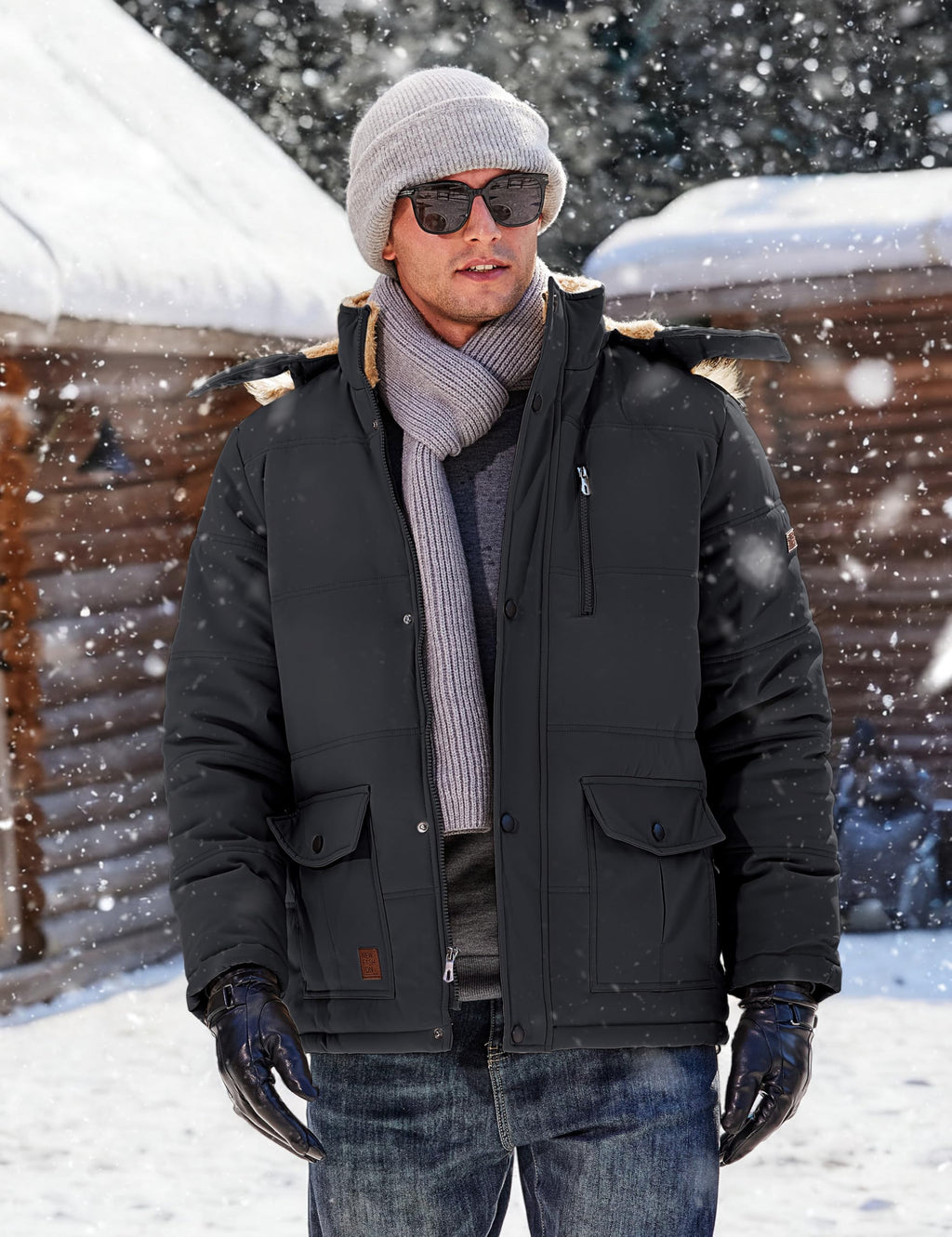 TACVASEN Winter Jackets for Men Coat with Hood Water Repellent Windbreaker Warm Fleece Hiking Jacket Black