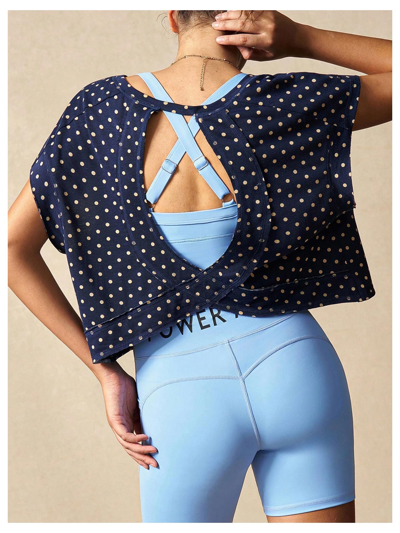 WDIRARA Women's Polka Dots Open Back Workout Tee Shirt Short Sleeve Athletic Shirts Running Gym Yoga Tops Dark Blue Small