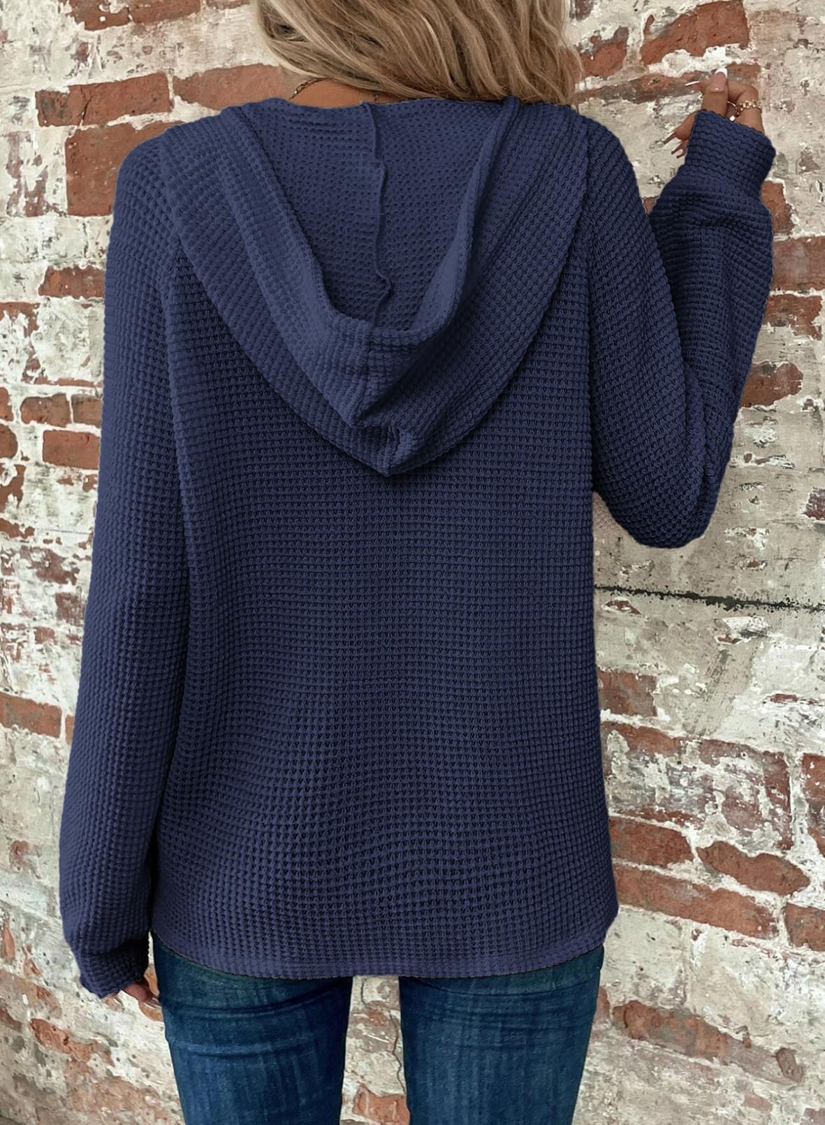 Dokotoo Women's Fashion Hoodies & Sweatshirts Winter Clothing for Women Drawstring Button V Neck Long Sleeve Oversized Waffle Knit Hooded Sweatshirt Loose Fit Cute Pullover Hoodie Tops Blue Large
