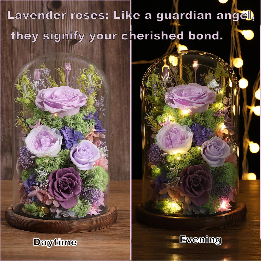 lovenfold Flowers for Delivery Preserved Flowers Rose in Glass Dome,Lilac Rose Forever Flowers Birthday Gifts for Women Mom Grandma Friend Gifts for Her,Home Decor