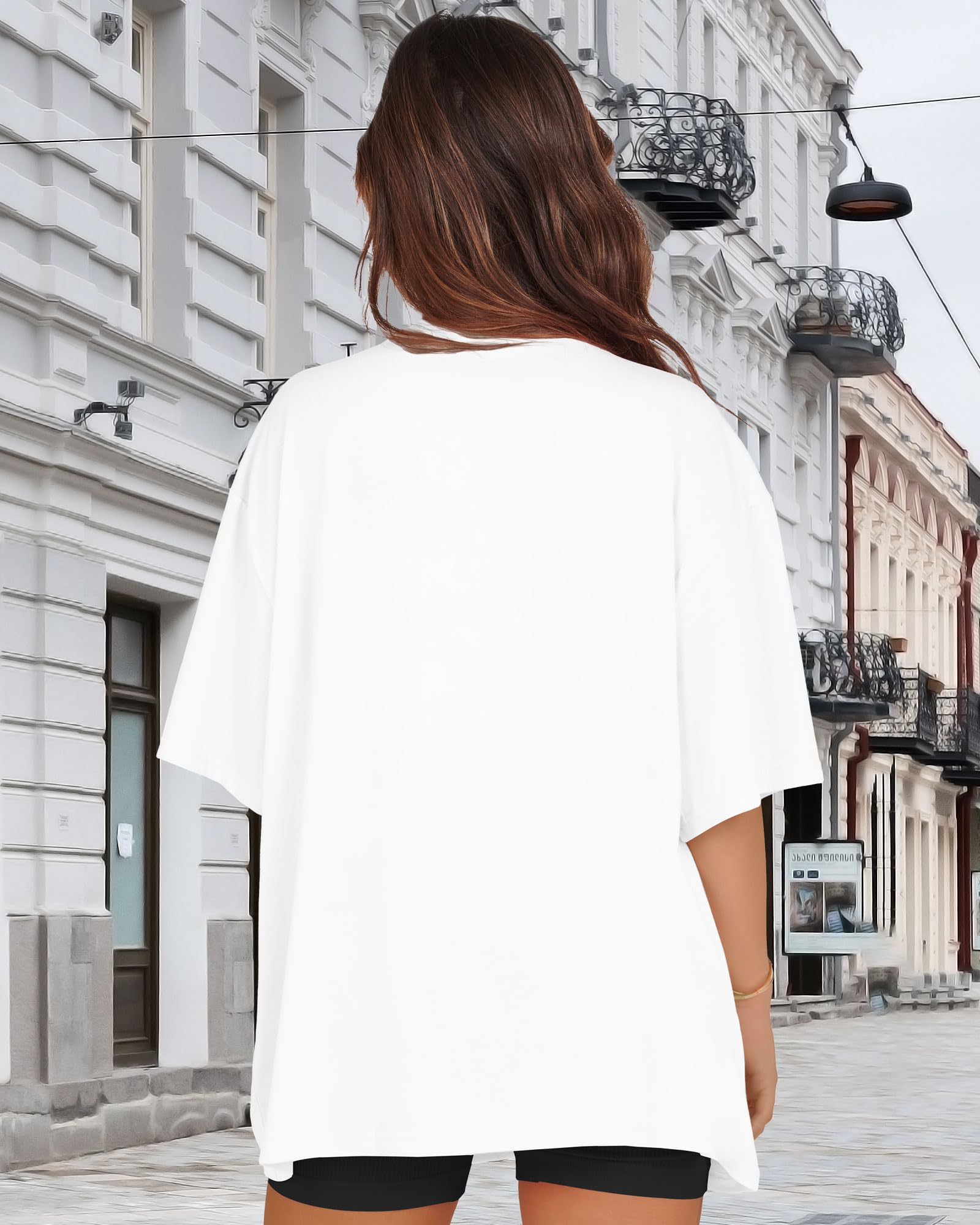 Oversized Tshirts for Women V Neck Short Sleeve Summer Casual Basic Loose Tops, White Black Letters, L