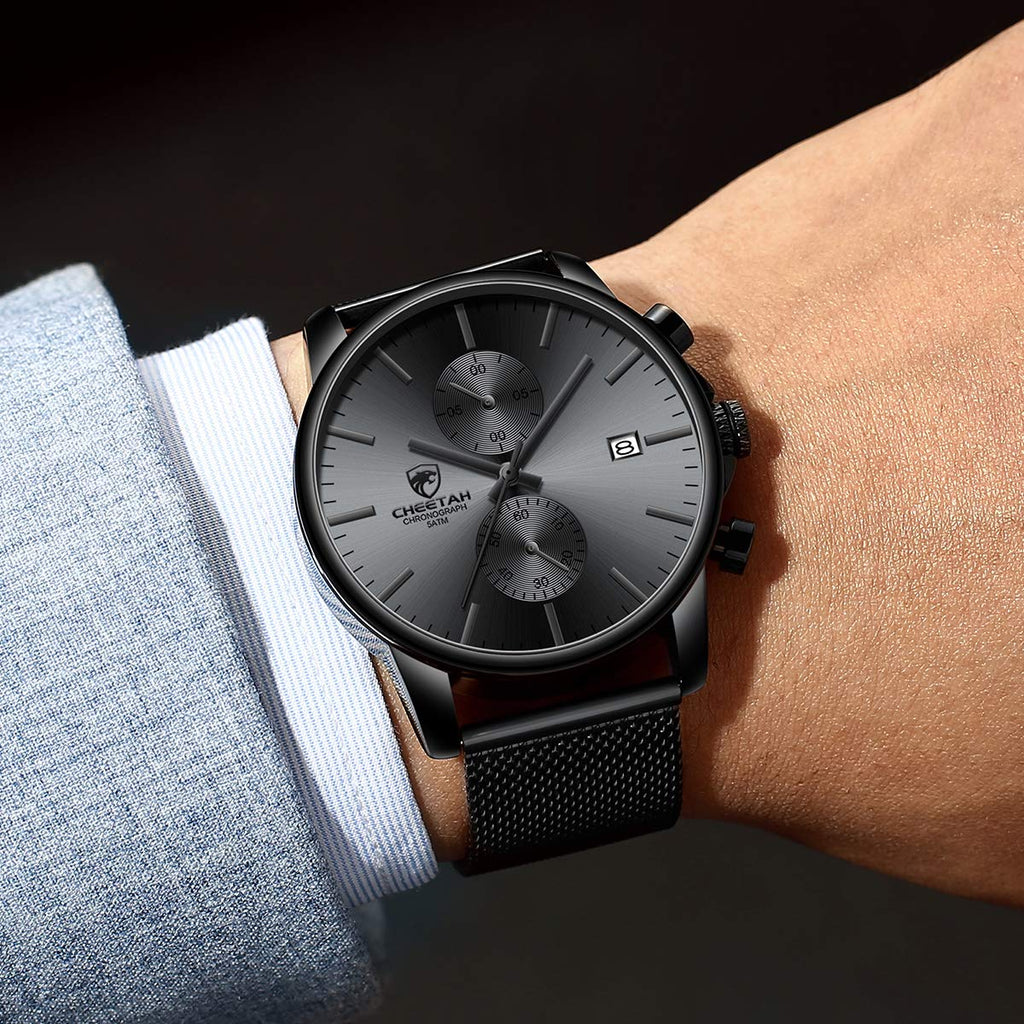 GOLDEN HOUR Men’s Watch Fashion Sport Quartz Analog Mesh Stainless Steel Waterproof Chronograph Watches, Auto Date in Grey Hands, Color: Black