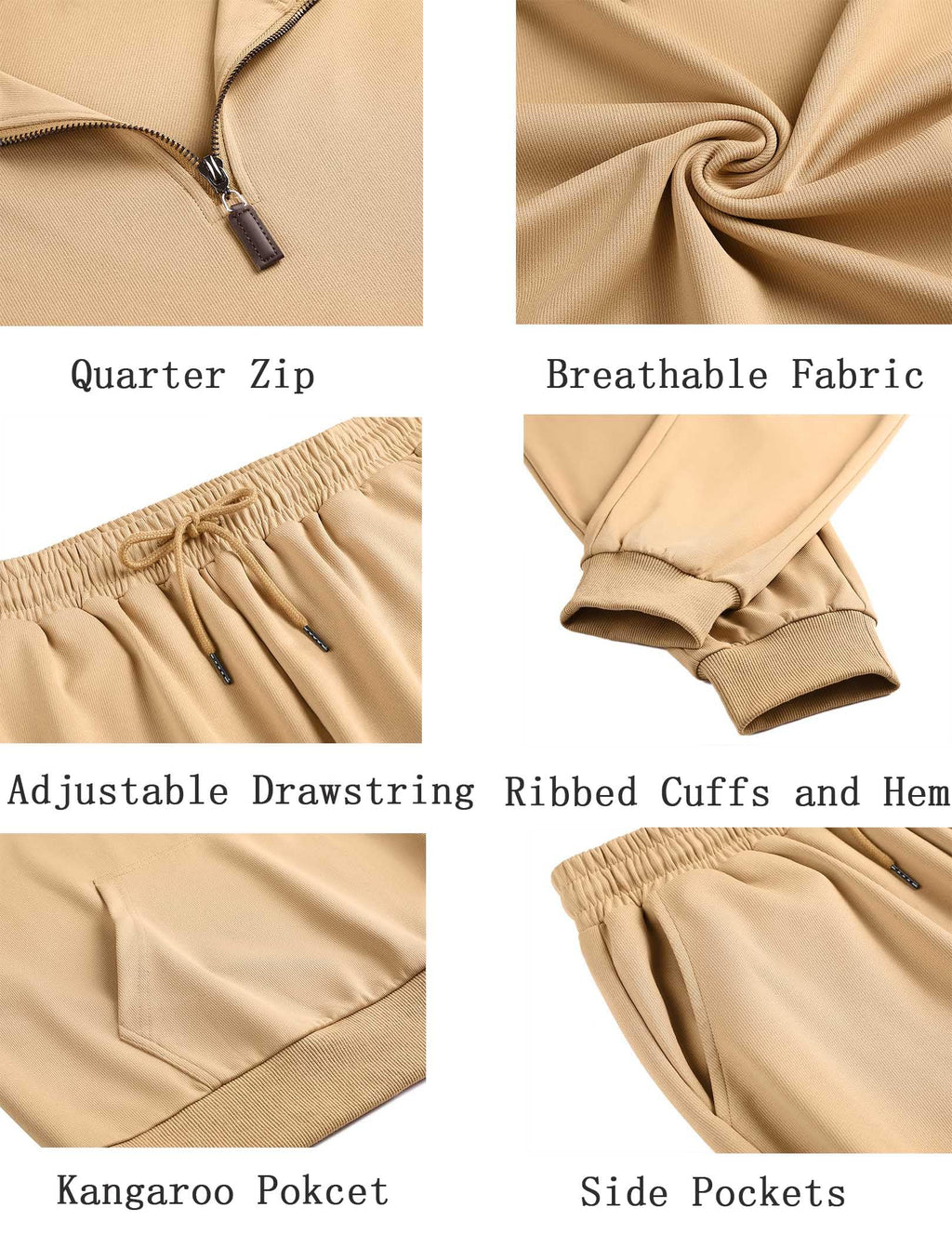 COOFANDY Men's Jogging Outfits 2 Piece Casual Outfit Sets Quarter Zip Pullover Lightweight Khaki XXXL