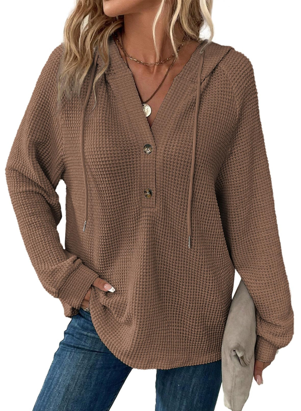 Dokotoo Women's Casual Hoodies Chocolate Brown Fall Clothes Long Sleeve Waffle Knit Drawstring Sweatshirt Button V Neck Lightweight Pullover Hoodie Tops Sweatshirts Fashion Outfits 2025 Large