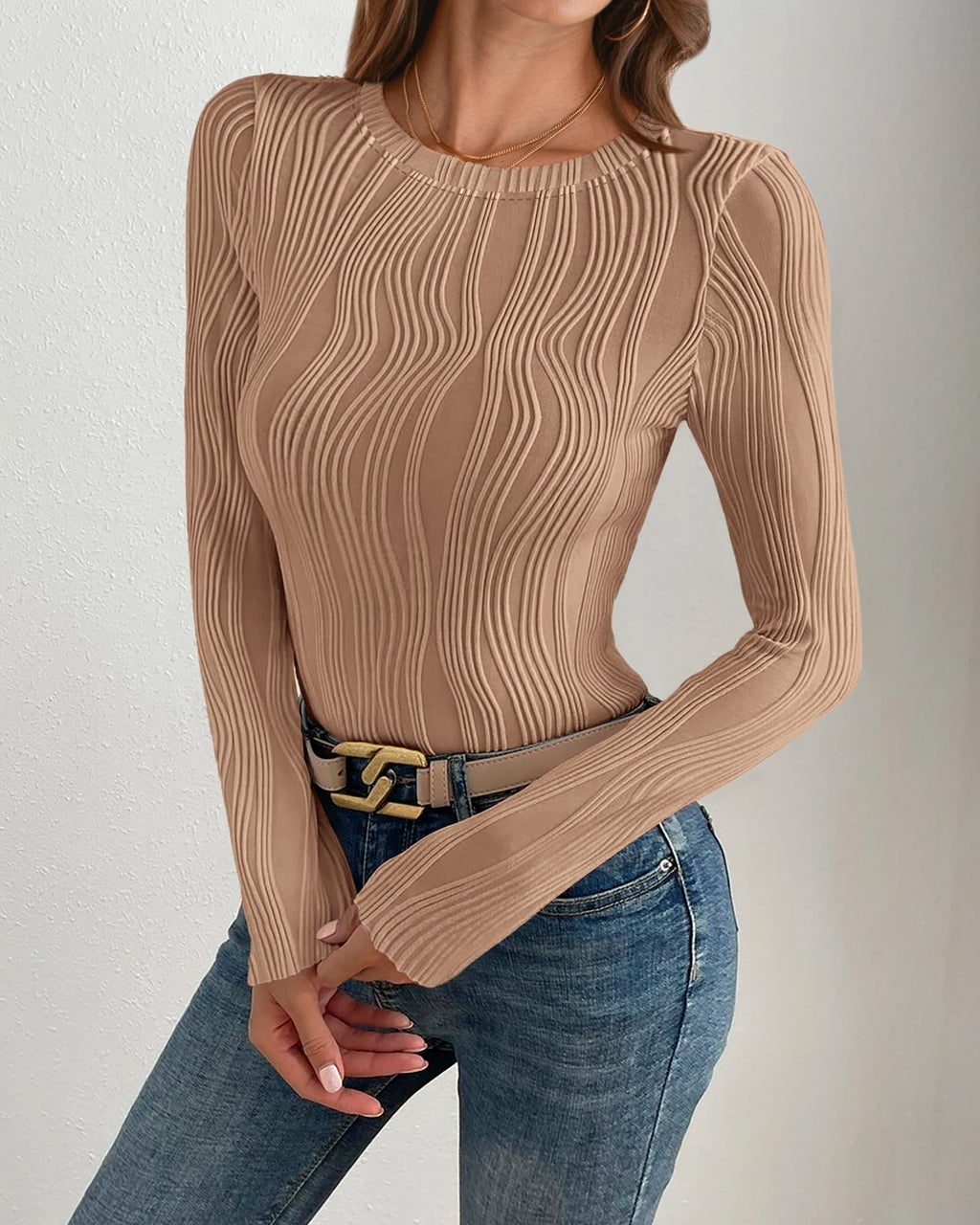 PRETTYGARDEN Women's Tops 2026 Spring Fashion Long Sleeve Crewneck Blouse Fitted Textured Basic Knit T Shirt Y2k Clothes(Khaki,X-Large)
