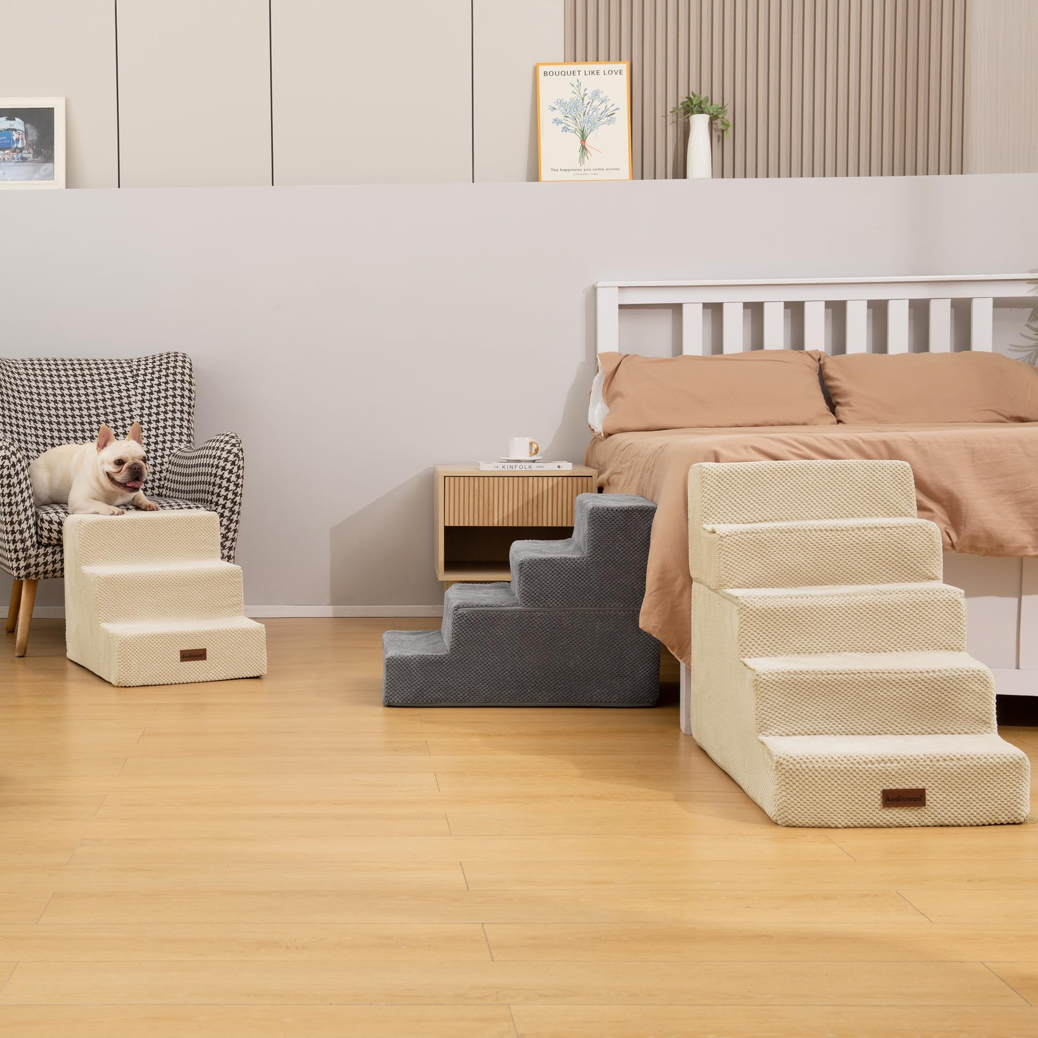 Aodisman Dog Stairs for Small Dogs, 3-Step Non-Slip Pet Stairs for Couch Sofa and Chair, Dog Bed Stairs for Puppy, Older Cat,Grey,13.6" H