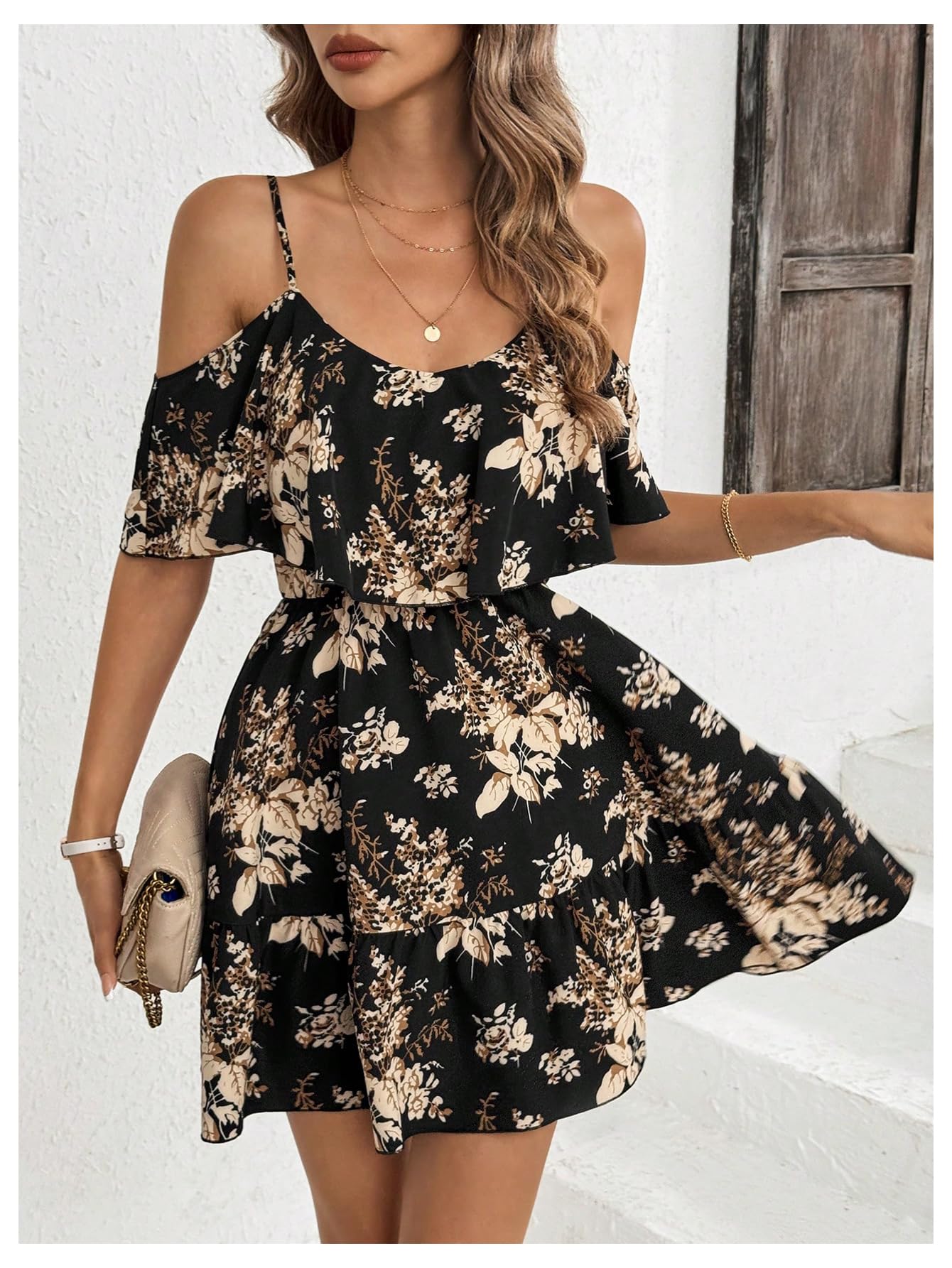 SOLY HUX Women's Boho Floral Print Cold Shoulder Dress Short Sleeve Ruffle A Line Vacation Elegant Mini Dresses Black Medium