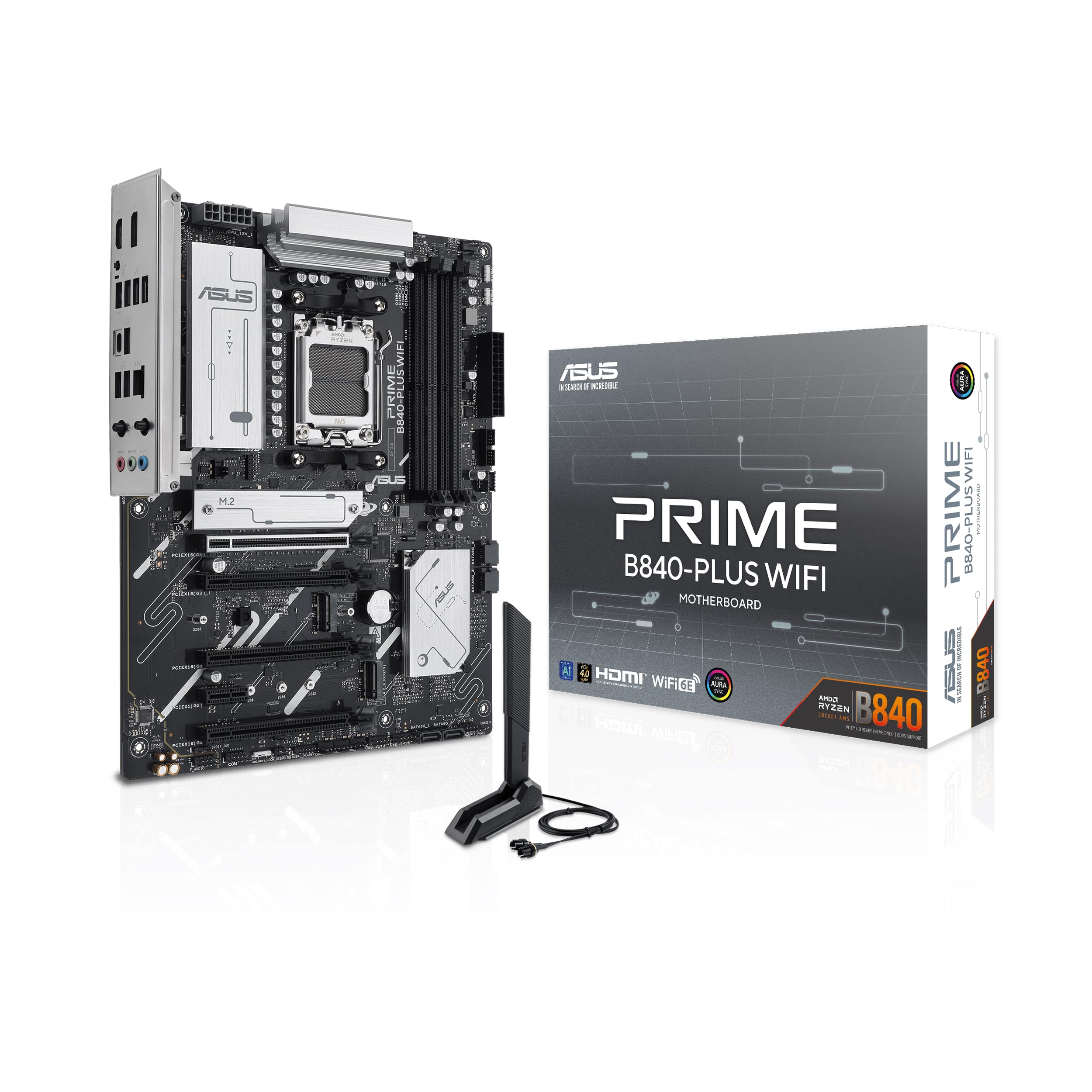 ASUS Prime B840-PLUS WiFi AMD AM5 B840 ATX Motherboard, Advanced AI Ready, DDR5, PCIe 4.0, 3X M.2, Wi-Fi 6E, 2.5Gb LAN, DisplayPort, HDMI™, USB 10Gbps Type-A & Type-C®, BIOS Flashback™, Aura Sync RGB