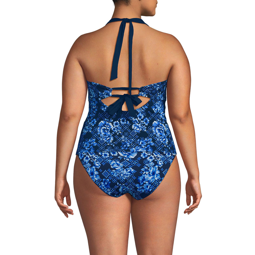 Lands' End Women's Seamed Halter Tankini Top 2 Deep Sea Navy Mosaic Floral
