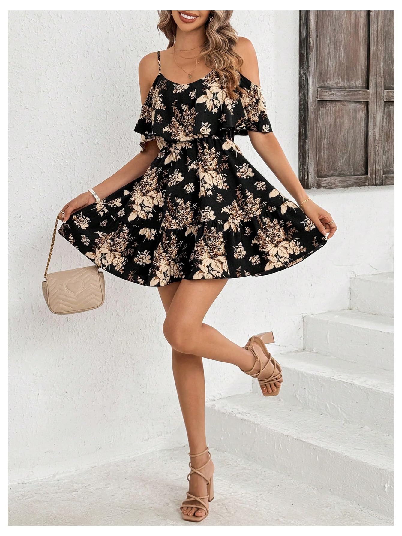 SOLY HUX Women's Boho Floral Print Cold Shoulder Dress Short Sleeve Ruffle A Line Vacation Elegant Mini Dresses Black Medium