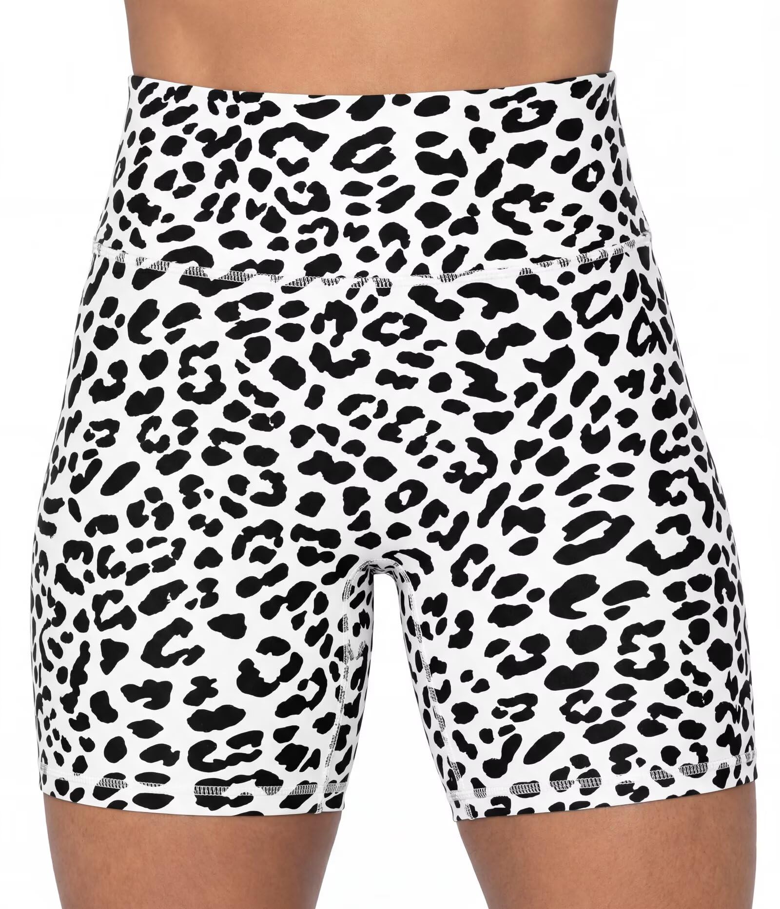 Sunzel 5" Waist Biker Shorts for Women No Front Seam Soft Yoga Workout Gym Bike Shorts Tummy Control Squat Proof Leopard White Medium