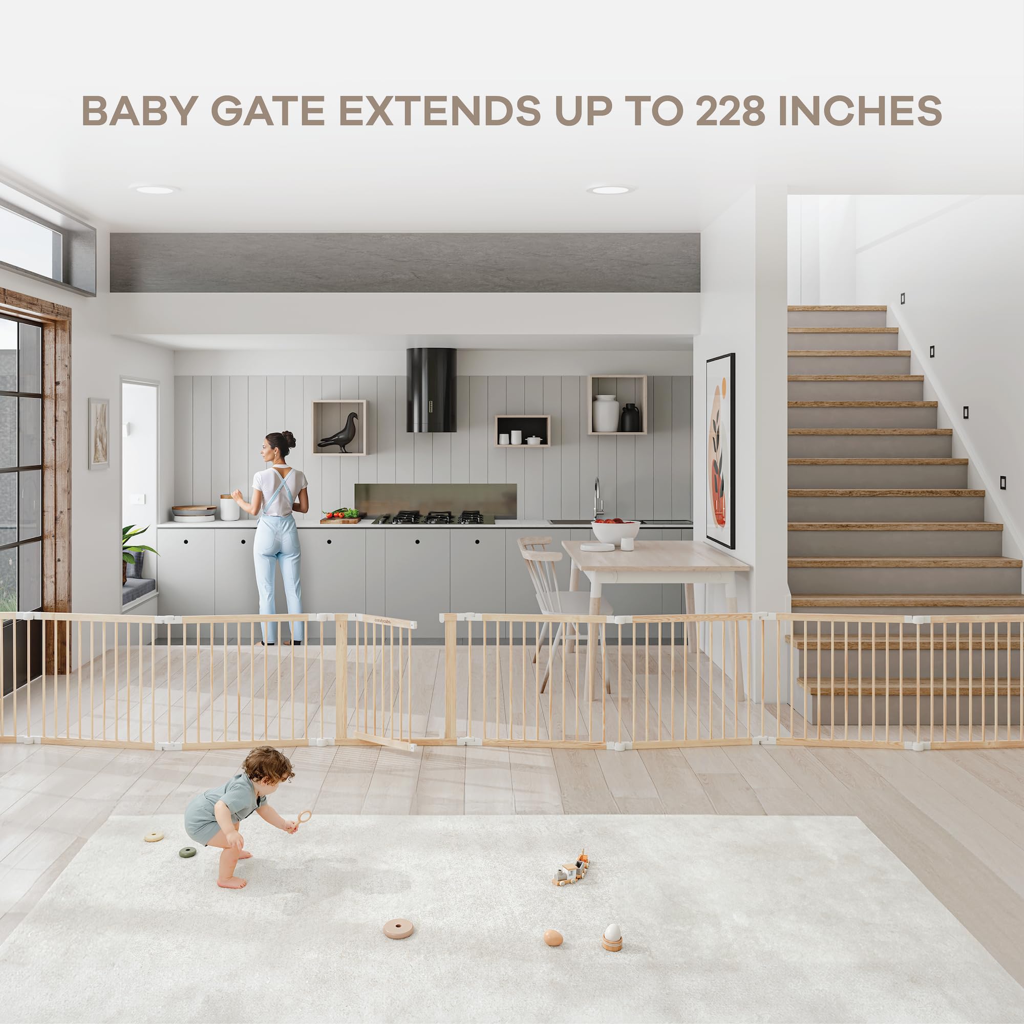Comfy Cubs Baby Gate Playpen - 57 x 57 x 25 in, Extends Up to 228” - Pine Wood Foldable Playpen with Child-Proof Lock - Easy Assembly Baby Fence Play Area for Babies & Toddlers - Light Wood White