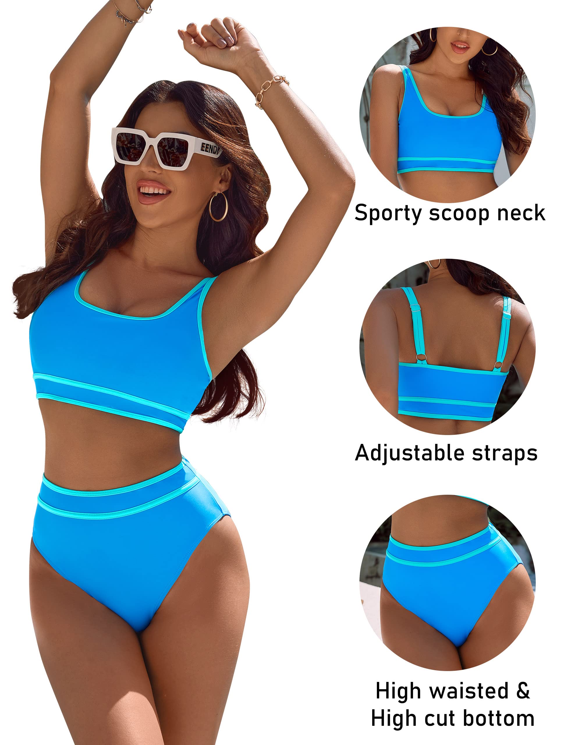 BMJL Women's High Waisted Bikini Sets Sporty Two Piece Swimsuits Color Block Cheeky High Cut Bathing Suits(M,Blue)