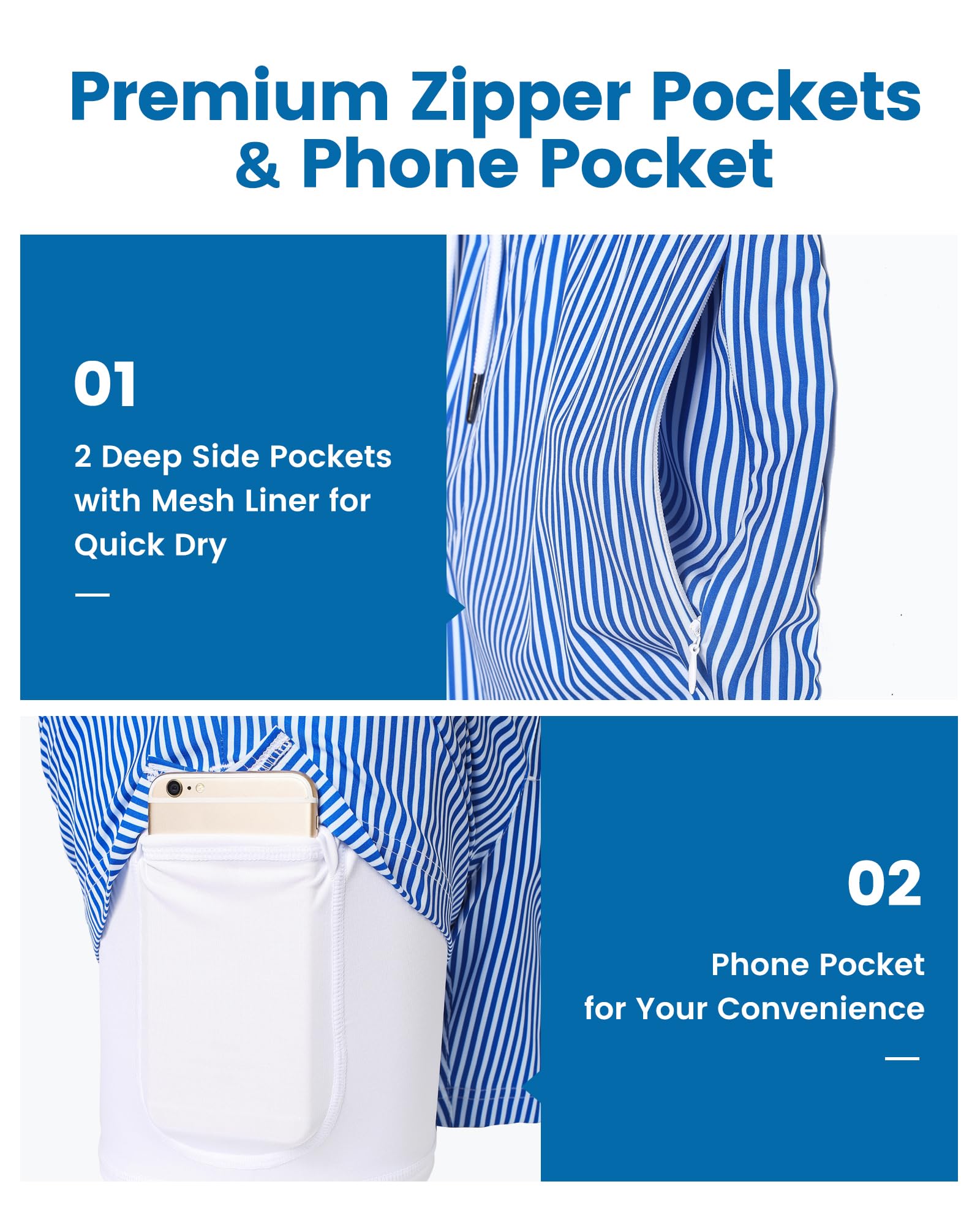 maamgic Mens Swim Trunks with Compression Liner 5 Inch, Quick Dry Bathing Suit with Zipper Pockets, Stretch No-Chafing Swim Shorts, Blue White Stripe Large