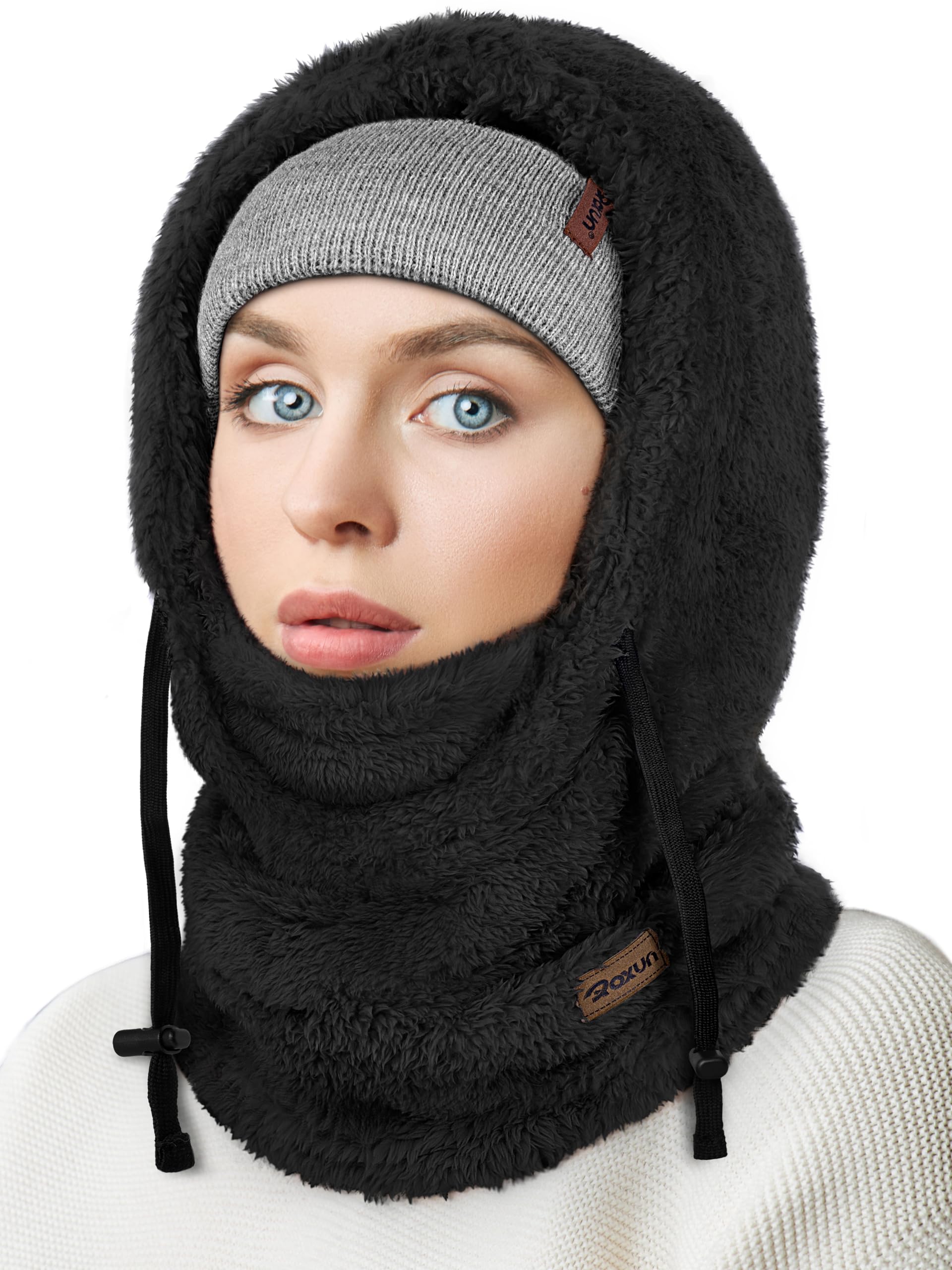 ROXUN Ski Mask Fleece Balaclava, Windproof Face Mask Winter Warm Neck Cover Hat Hood for Men Women Black