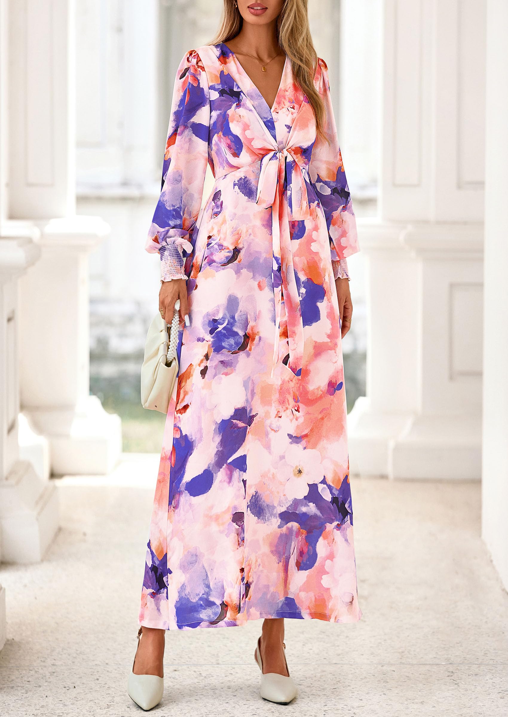 PRETTYGARDEN Women's 2026 Spring Wedding Guest Dresses Floral Long Sleeve V Neck Belted Long Flowy Boho Maxi Dress (Floral Multicolored,X-Large)