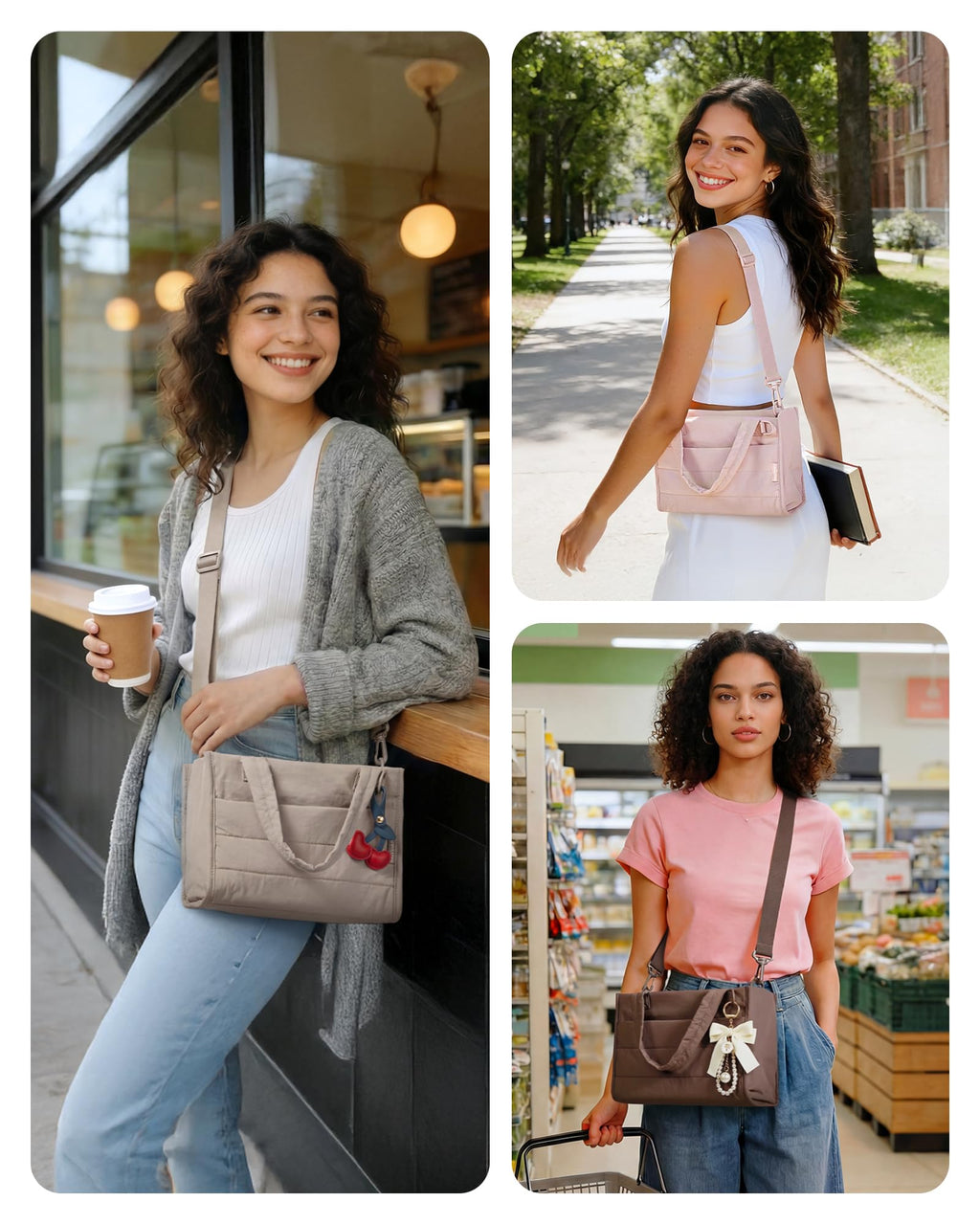 BAGSMART Mini Tote Bag for Women, Puffer Quilted Crossbody Purses, Zipper Closure for Work Travel College, Desert