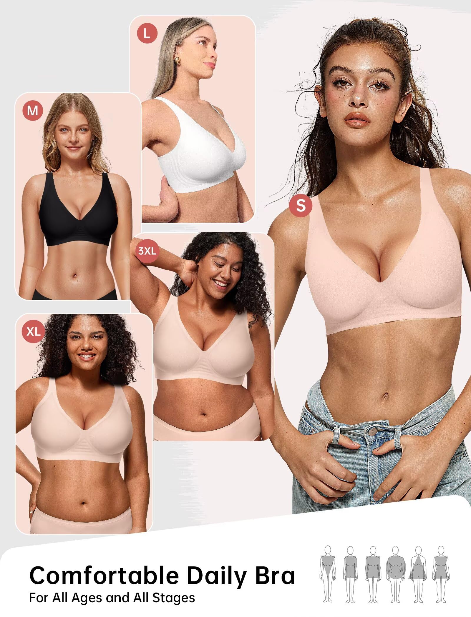 Vertvie Jelly Wireless Bras for Women Push Up Plunge Seamless T-Shirt Bras No Underwire Supportive Full Coverage Bralettes(Nude,Large)