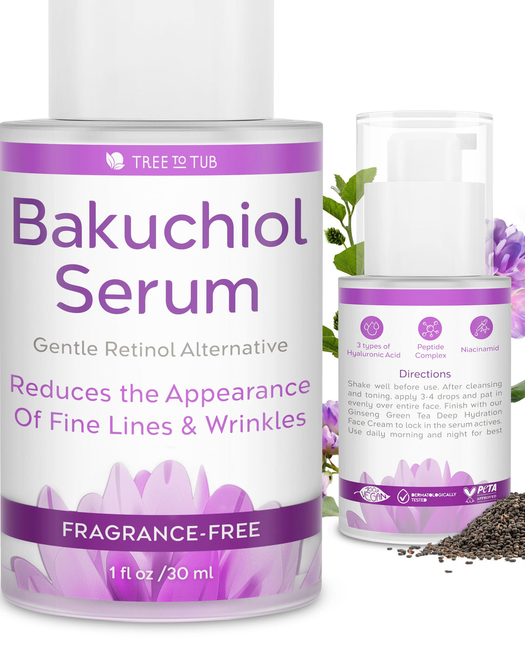 Tree To Tub Bakuchiol Face Serum - Gentle Retinol Alternative Serum for Face with Hyaluronic Acid & Peptides for All Skin Types