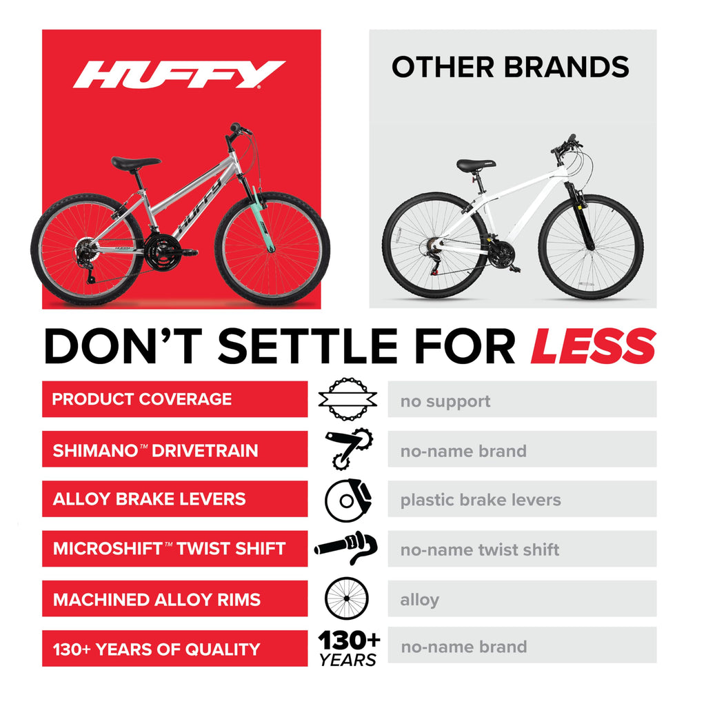 Huffy Stone Mountain Womens 24 Inch Mountain Bike, Metallic Nickel Frame, 21-Speed Shimano Twist Shifting, Front Suspension, Comfort Saddle | 20"/24"/26" Sizes, 6-21 Speeds, Dual Suspension Available
