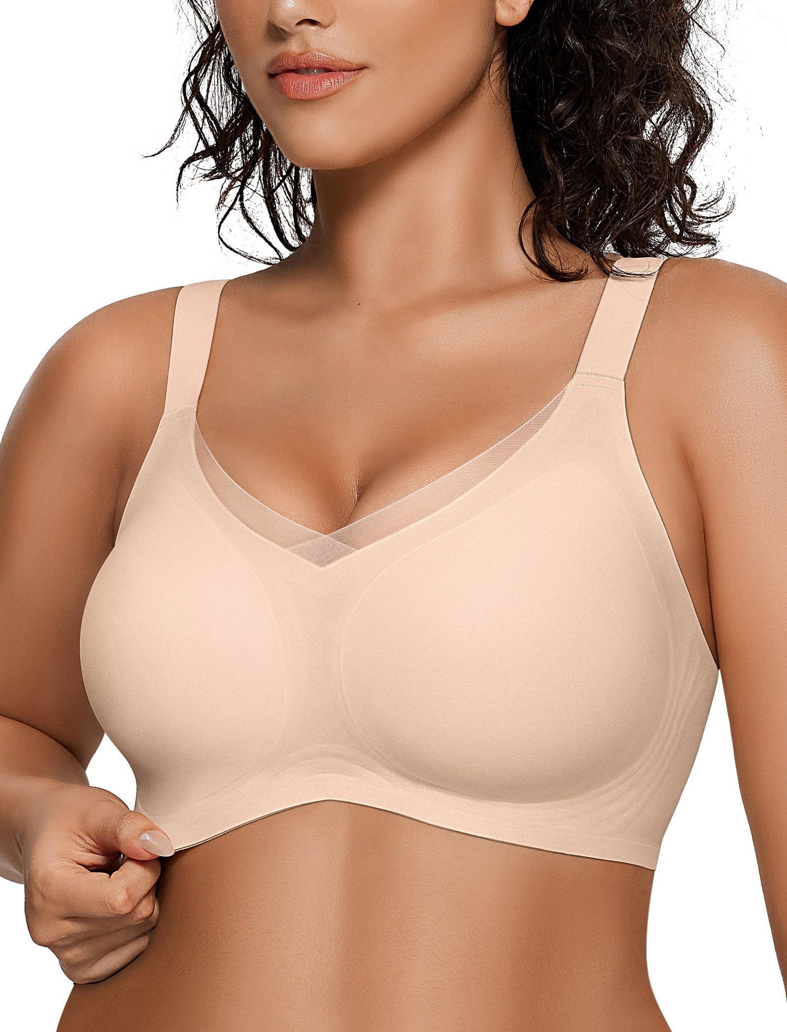 OEAK Womens Wireless Jelly Bras V Mesh Comfortable Bralette Supportive Tshirt Bra No Underwire Seamless Push Up Everyday Bras Nude L