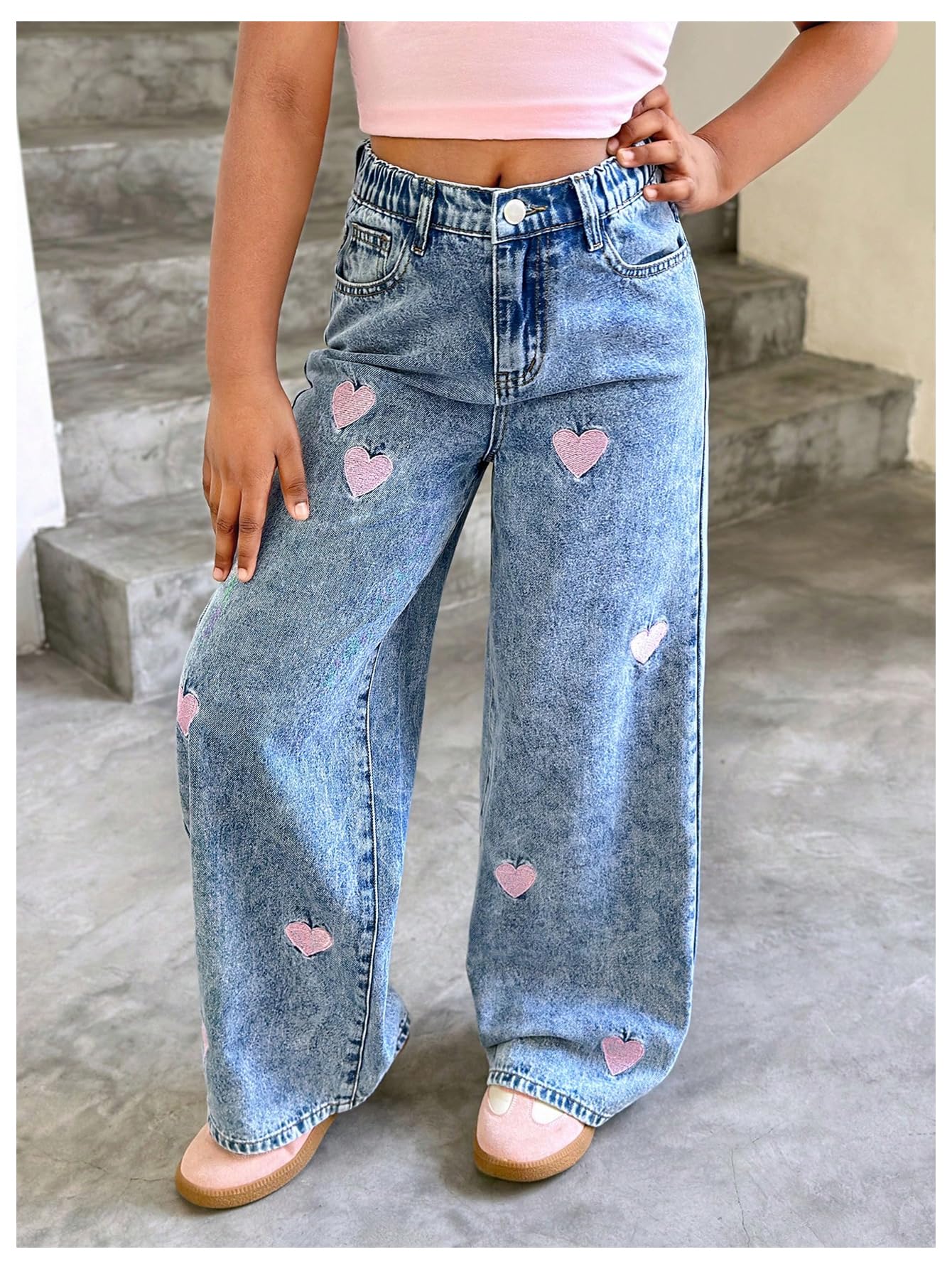 WDIRARA Girl's Heart Embroidered Y2k Denim Pants Elastic High Waist Wide Leg Jeans with Pockets Light Blue 8Y