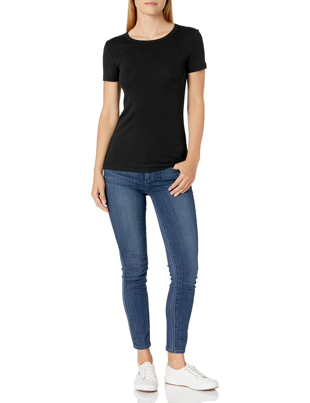 Amazon Essentials Women's Slim-Fit Short-Sleeve Crewneck T-Shirt, Pack of 2, Black/White, Small