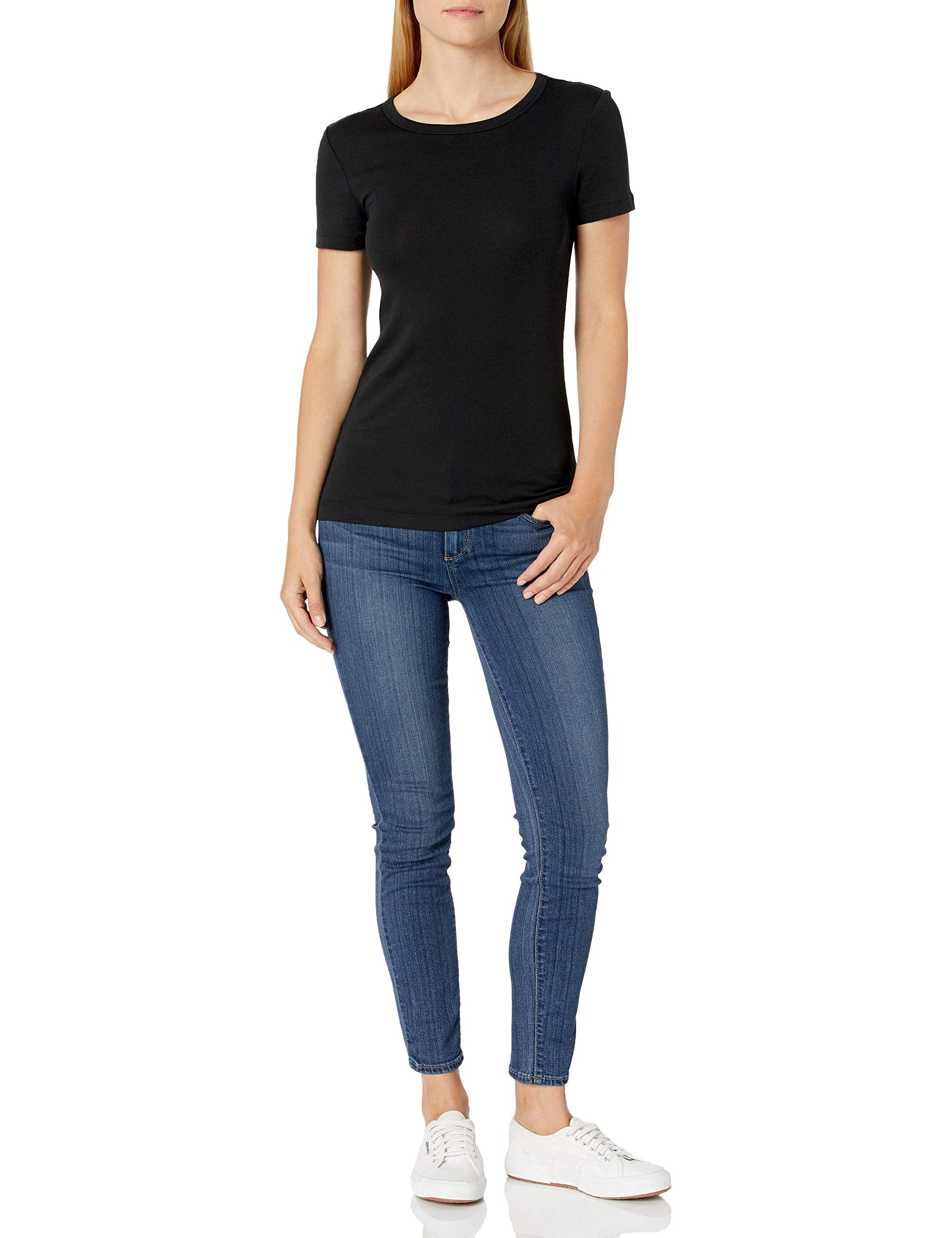 Amazon Essentials Women's Slim-Fit Short-Sleeve Crewneck T-Shirt, Pack of 2, Black/White, Small